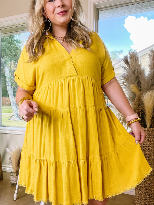 Taos Transitions Ruffle Tiered Collared Dress with Frayed Hem in Yellow