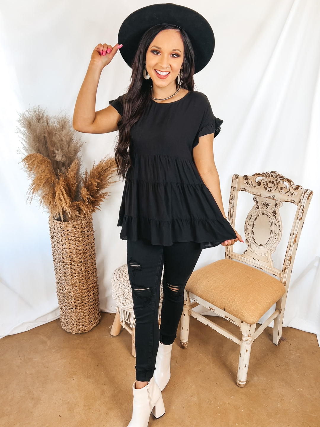Belong To You Tiered Top with Ruffle Cap Sleeves in Black - Giddy Up Glamour Boutique