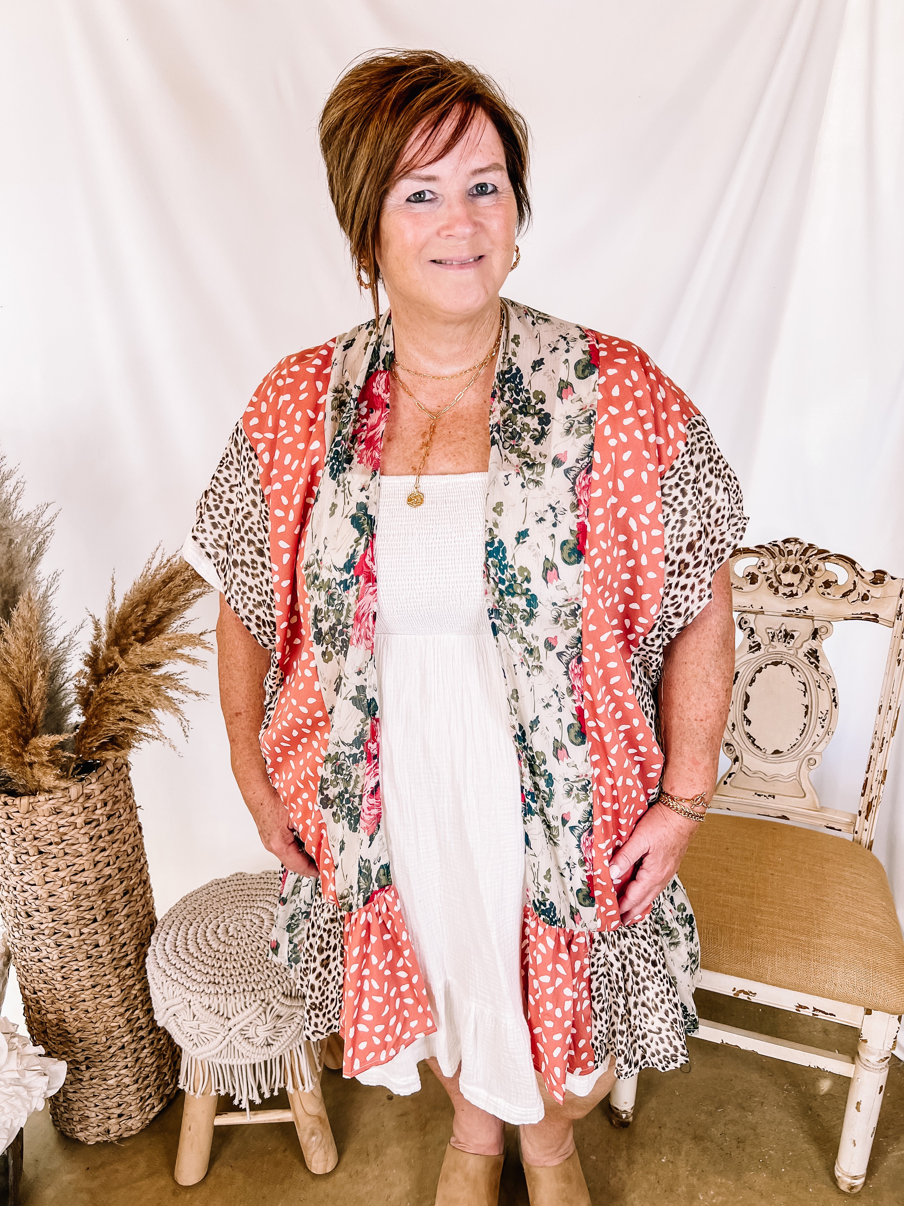 Above It All Mixed Animal and Floral Print Kimono with Ruffle Hem in Ivory and Salmon - Giddy Up Glamour Boutique