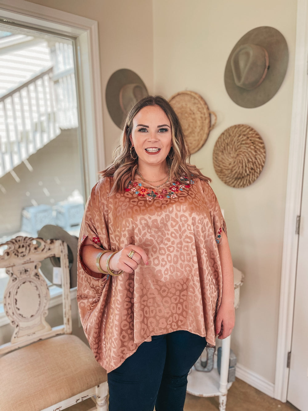 Destination Dreaming Metallic Leopard Poncho Top with Multicolor Embroidered Trim in Copper - Giddy Up Glamour Boutique