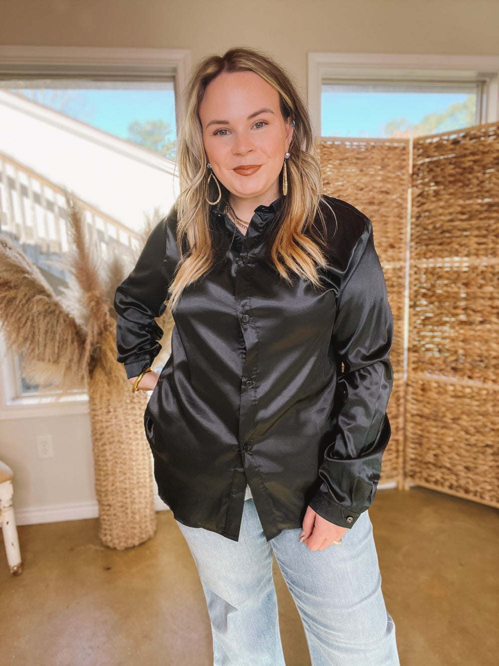 Down To Disco Satin Long Sleeve Button Up Top in Black - Giddy Up Glamour Boutique