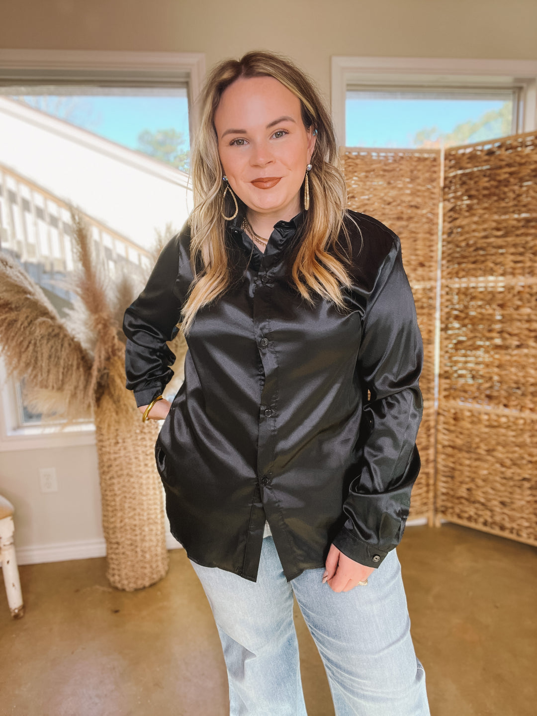 Down To Disco Satin Long Sleeve Button Up Top in Black - Giddy Up Glamour Boutique