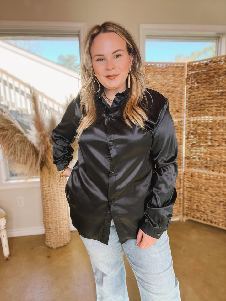 Down To Disco Satin Long Sleeve Button Up Top in Black - Giddy Up Glamour Boutique