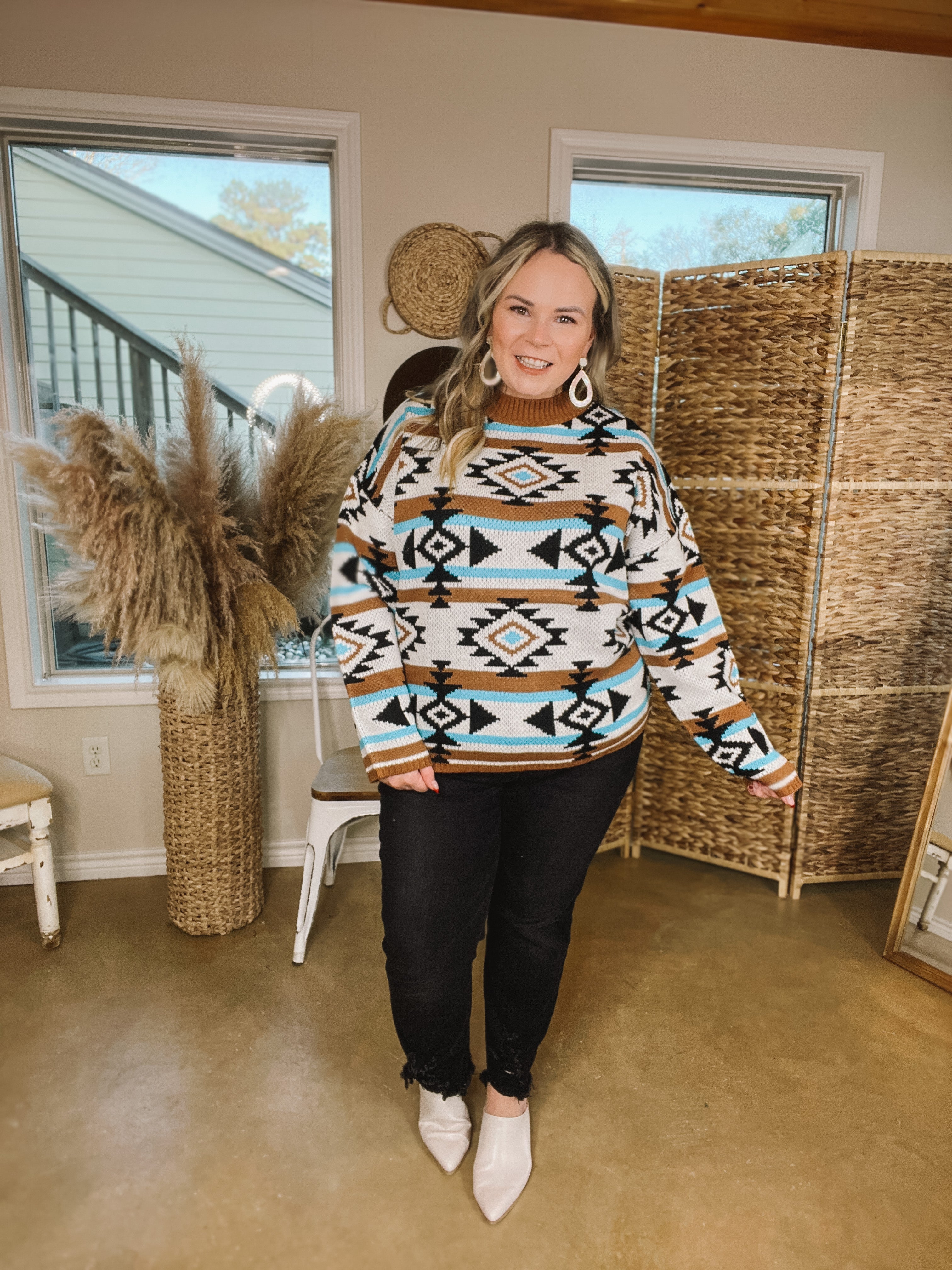 Cheyenne Chill Aztec Print Striped Sweater in Turquoise and Brown - Giddy Up Glamour Boutique