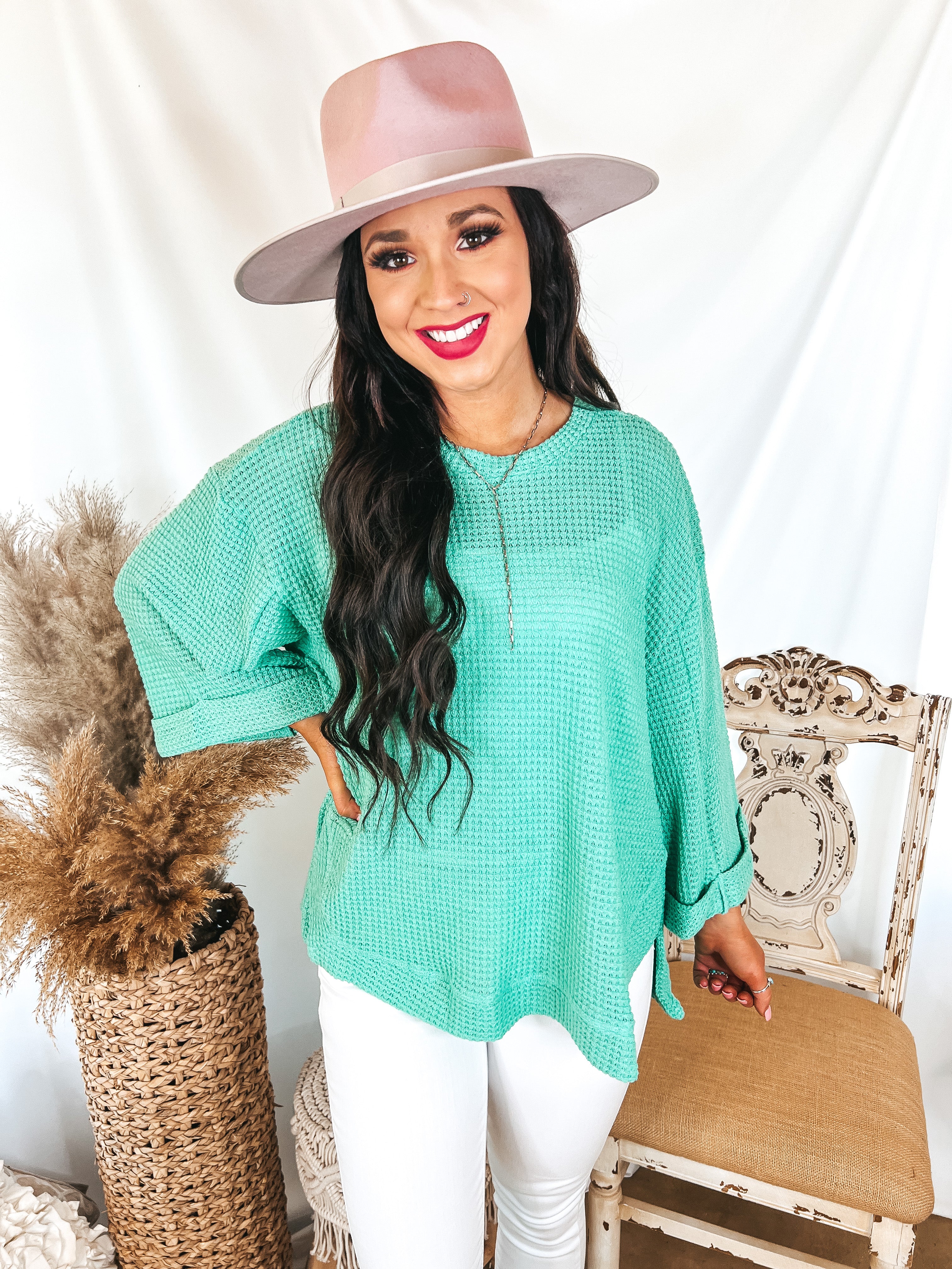 Last Chance Size Small & XL | Buzz Of The Town Waffle Knit Wide Sleeve Top in Mint