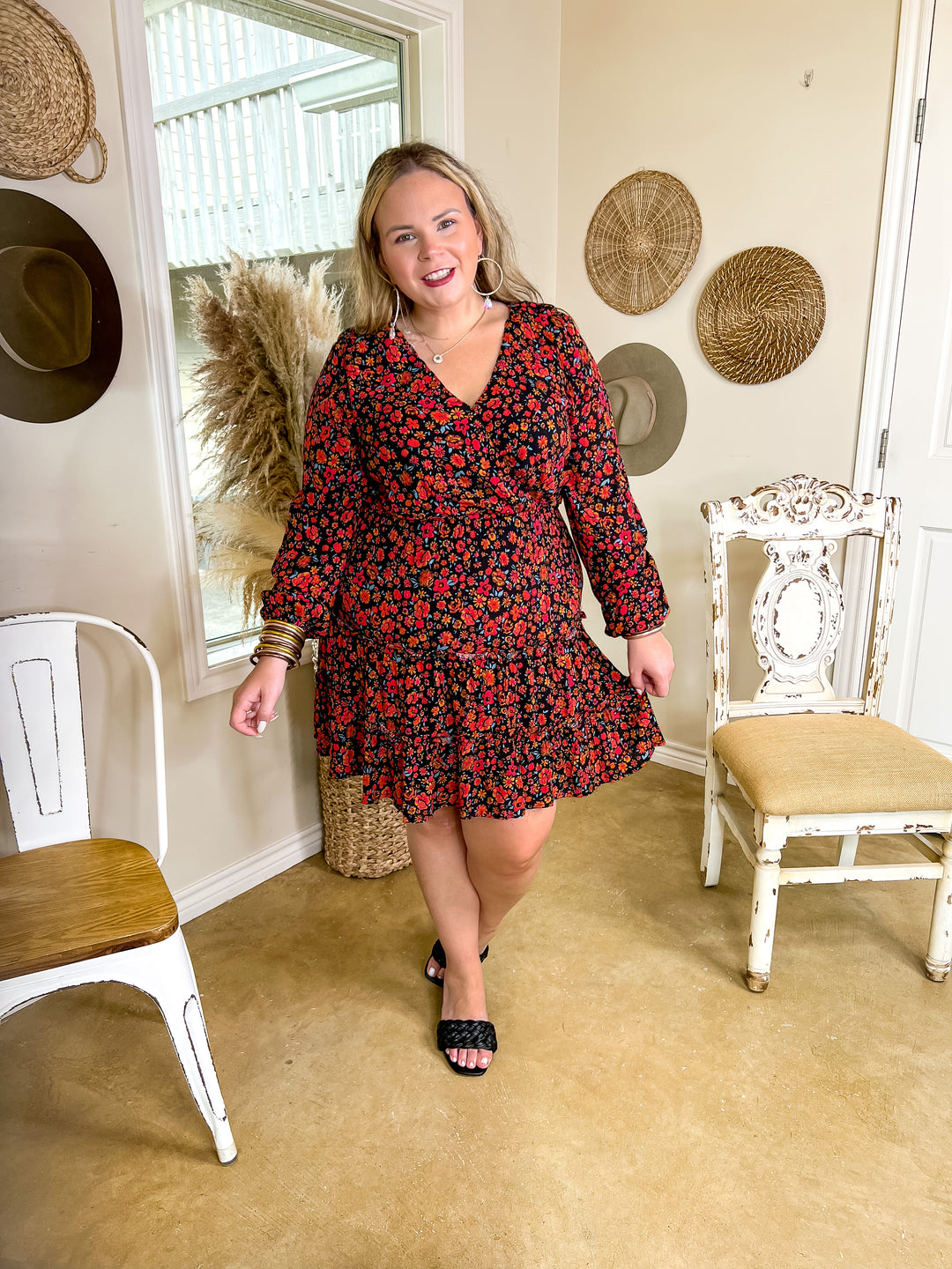 Chasing Love Floral Tiered Dress with Long Sleeves in Black - Giddy Up Glamour Boutique