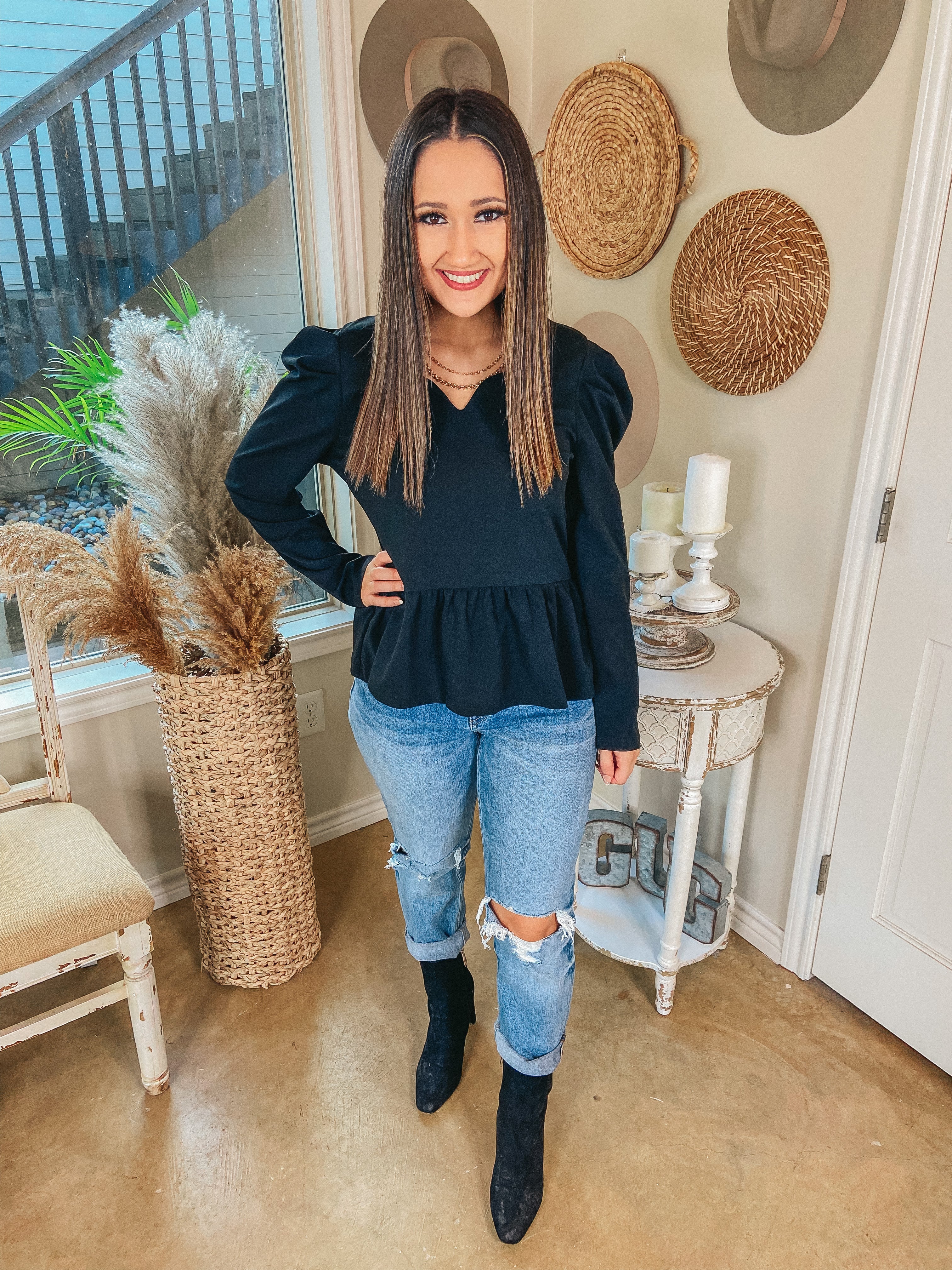 City Style Scalloped V Neck Peplum Blouse in Black - Giddy Up Glamour Boutique