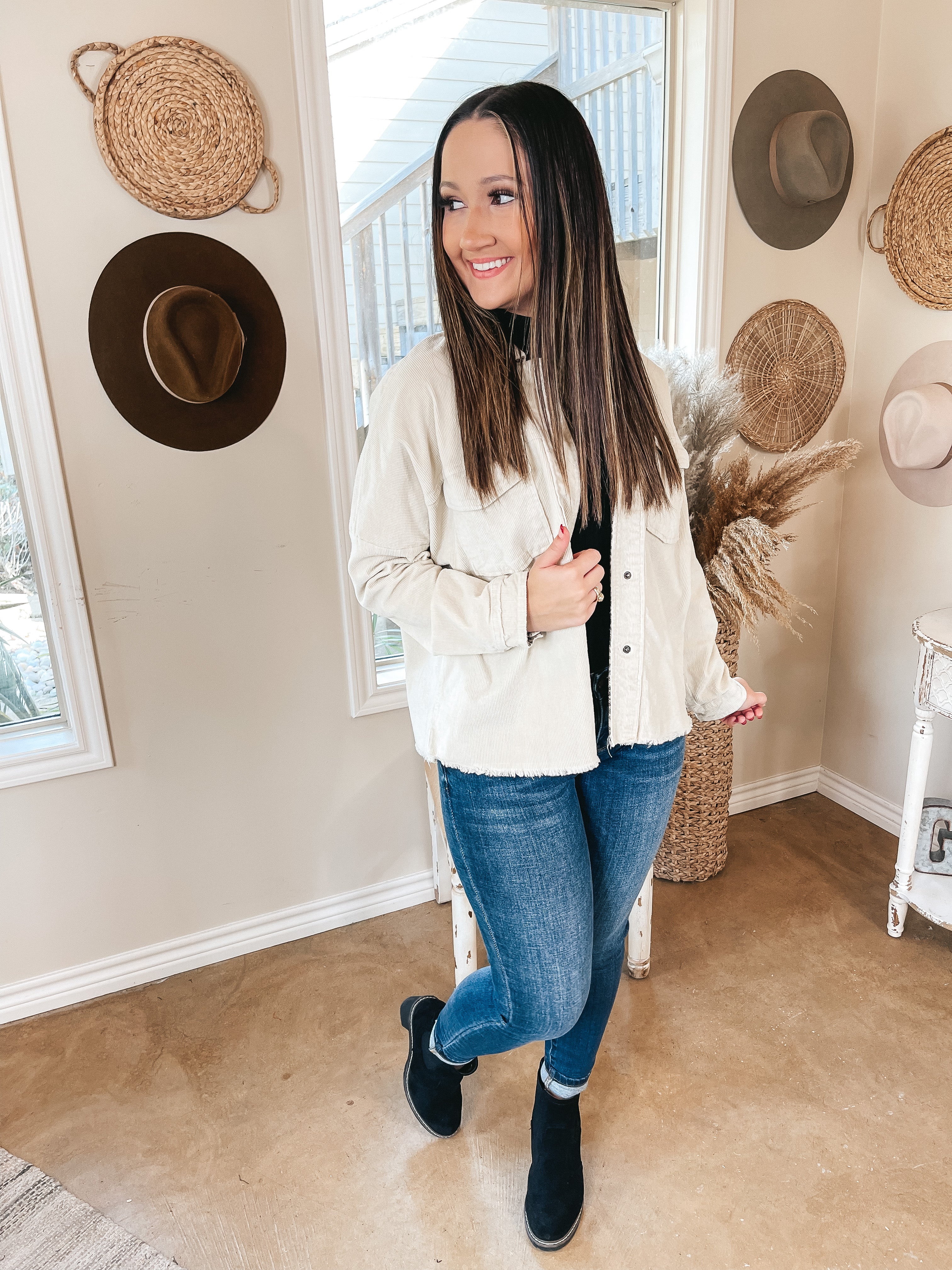 Deer Valley Resort Corduroy Shacket with Animal Print Trim in Ivory - Giddy Up Glamour Boutique
