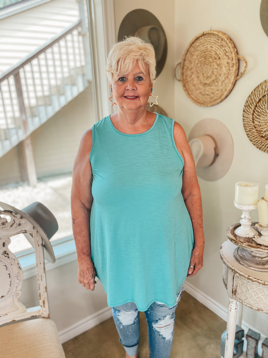 Give Me Joy Solid Bulgari A-Line Tank Top in Turquoise - Giddy Up Glamour Boutique