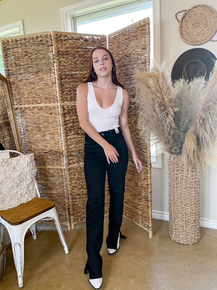 Extra Chic V Neck Ribbed Tank Top Bodysuit in White - Giddy Up Glamour Boutique