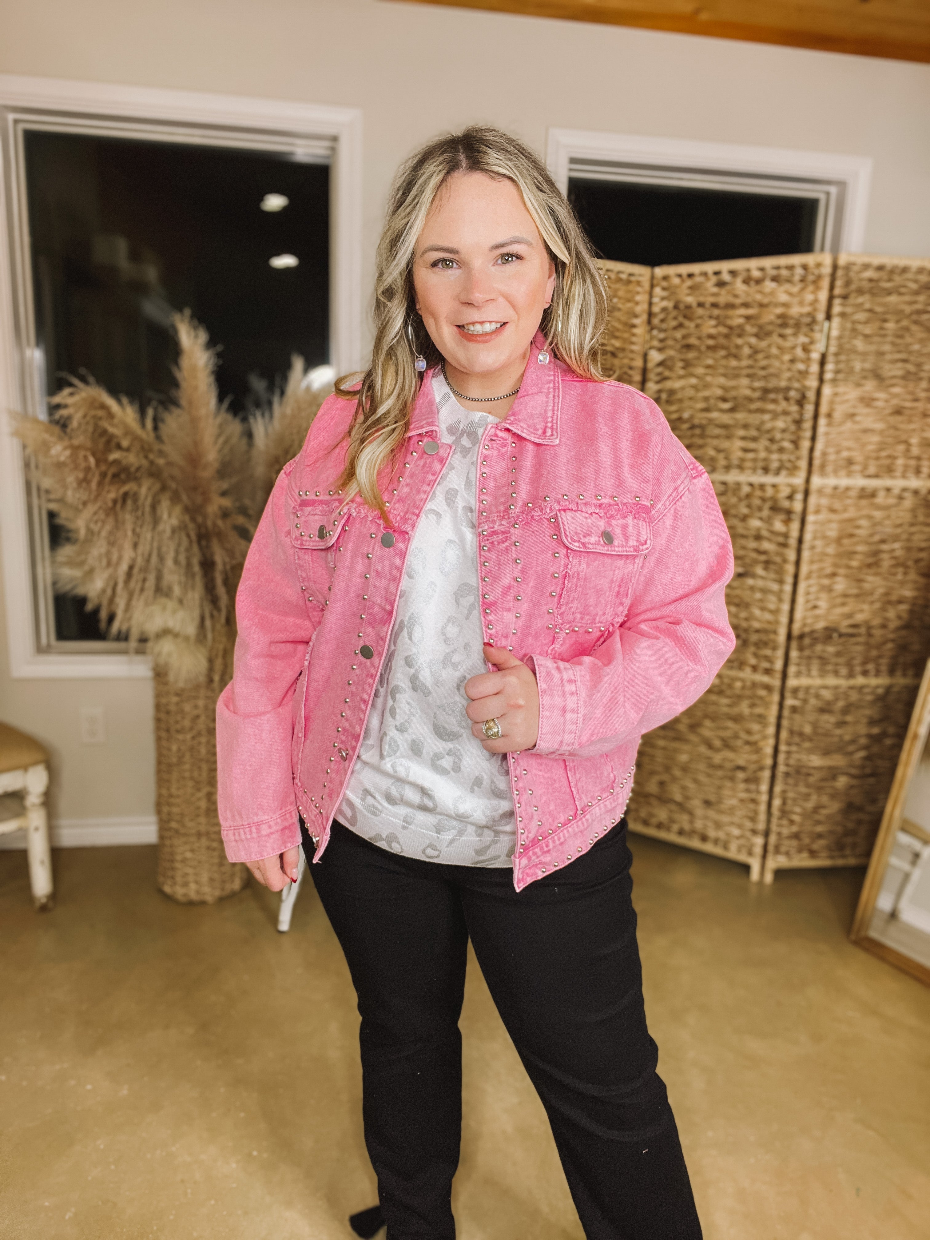 Always Impressed Cropped Denim Jacket with Silver Studs in Pink - Giddy Up Glamour Boutique