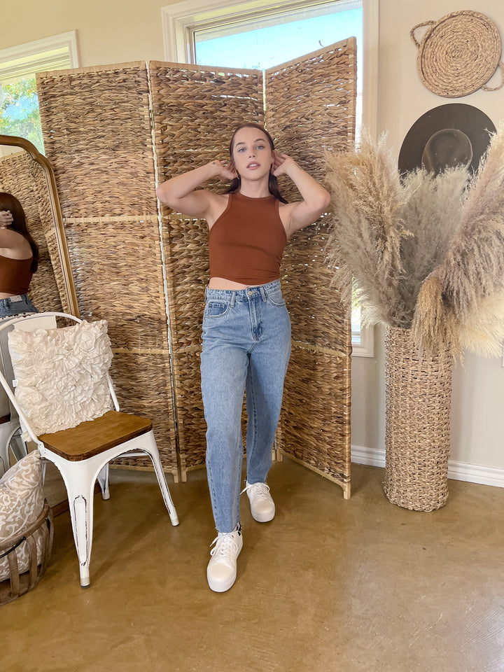 Staying In High Neck Ribbed Crop Tank Top with Scoop Hemline in Rust Orange - Giddy Up Glamour Boutique