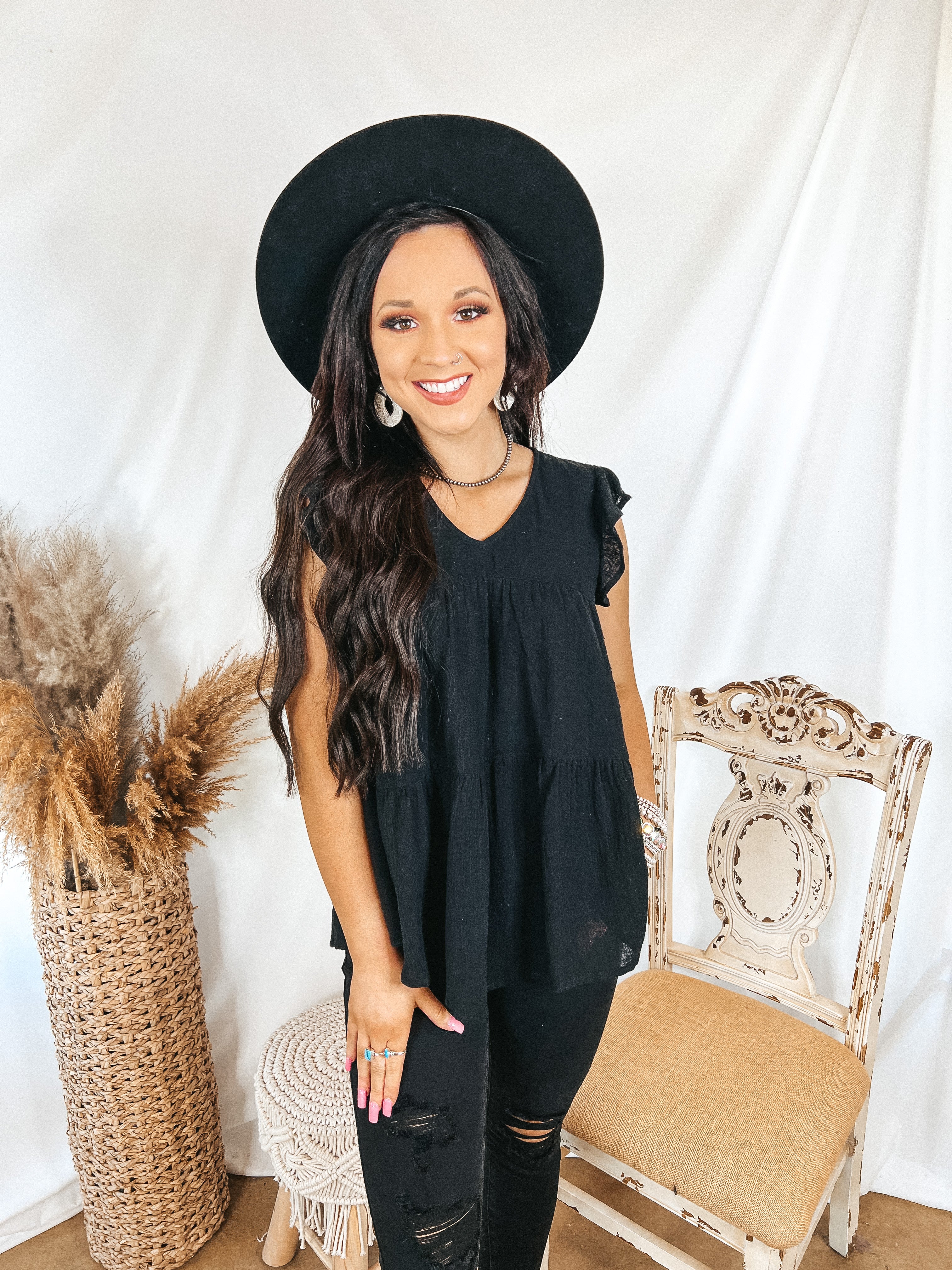 Stay Wonderful Solid Tiered Top with Ruffle Cap Sleeves in Black - Giddy Up Glamour Boutique
