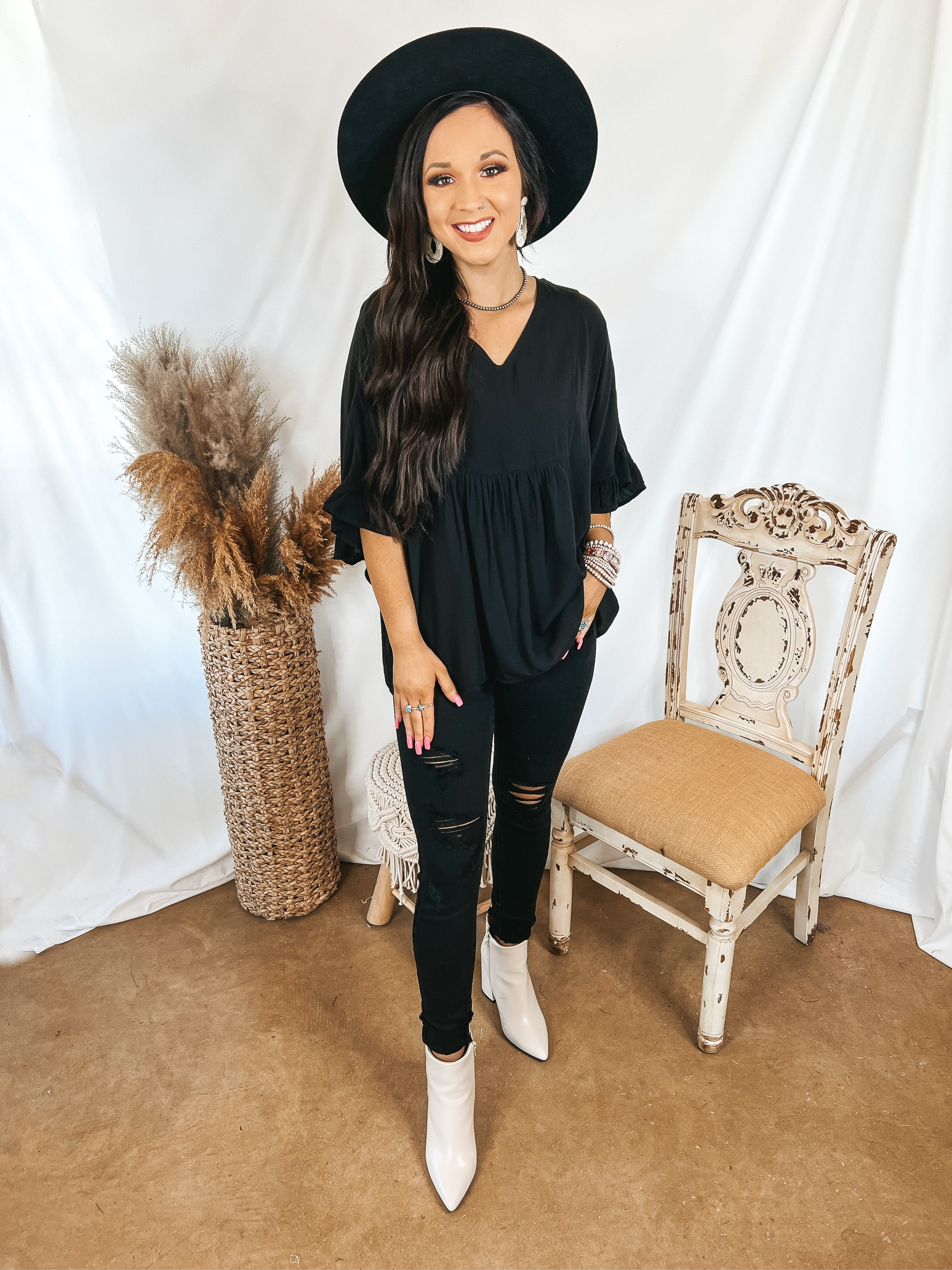 Blissful Moments Ruffle Sleeve V Neck Blouse in Black - Giddy Up Glamour Boutique