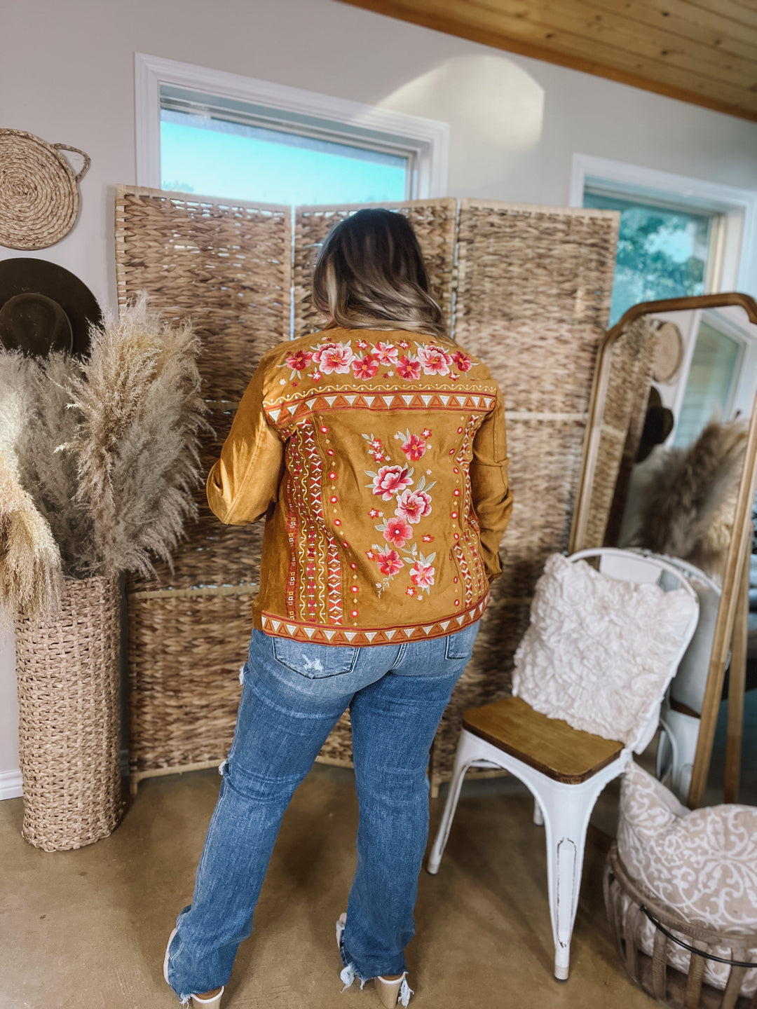 Small Town Girl Floral Embroidered Suede Button Up Jacket in Camel Brown - Giddy Up Glamour Boutique