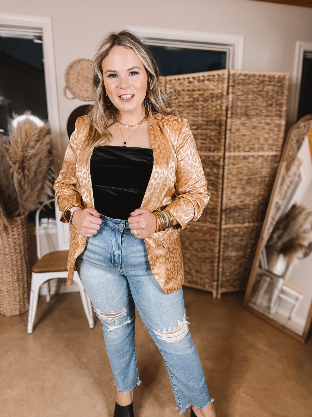 Lasting Impression Leopard Print Blazer with Ruched 3/4 Sleeves in Copper - Giddy Up Glamour Boutique