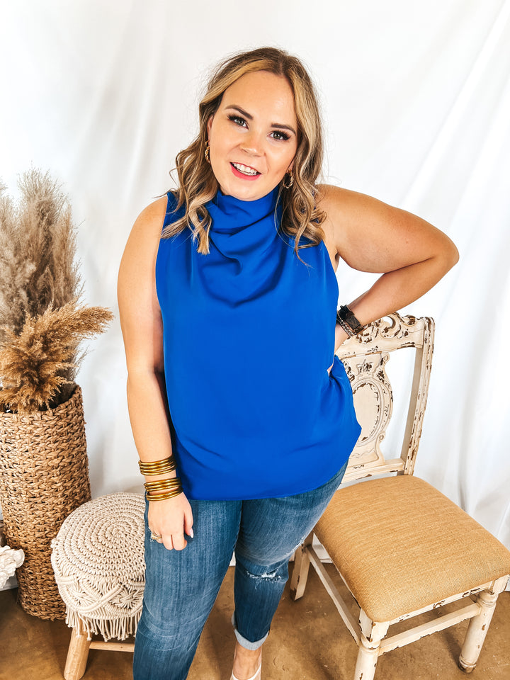 Hot Spot High Cowl Neck Tank Top in Royal Blue - Giddy Up Glamour Boutique