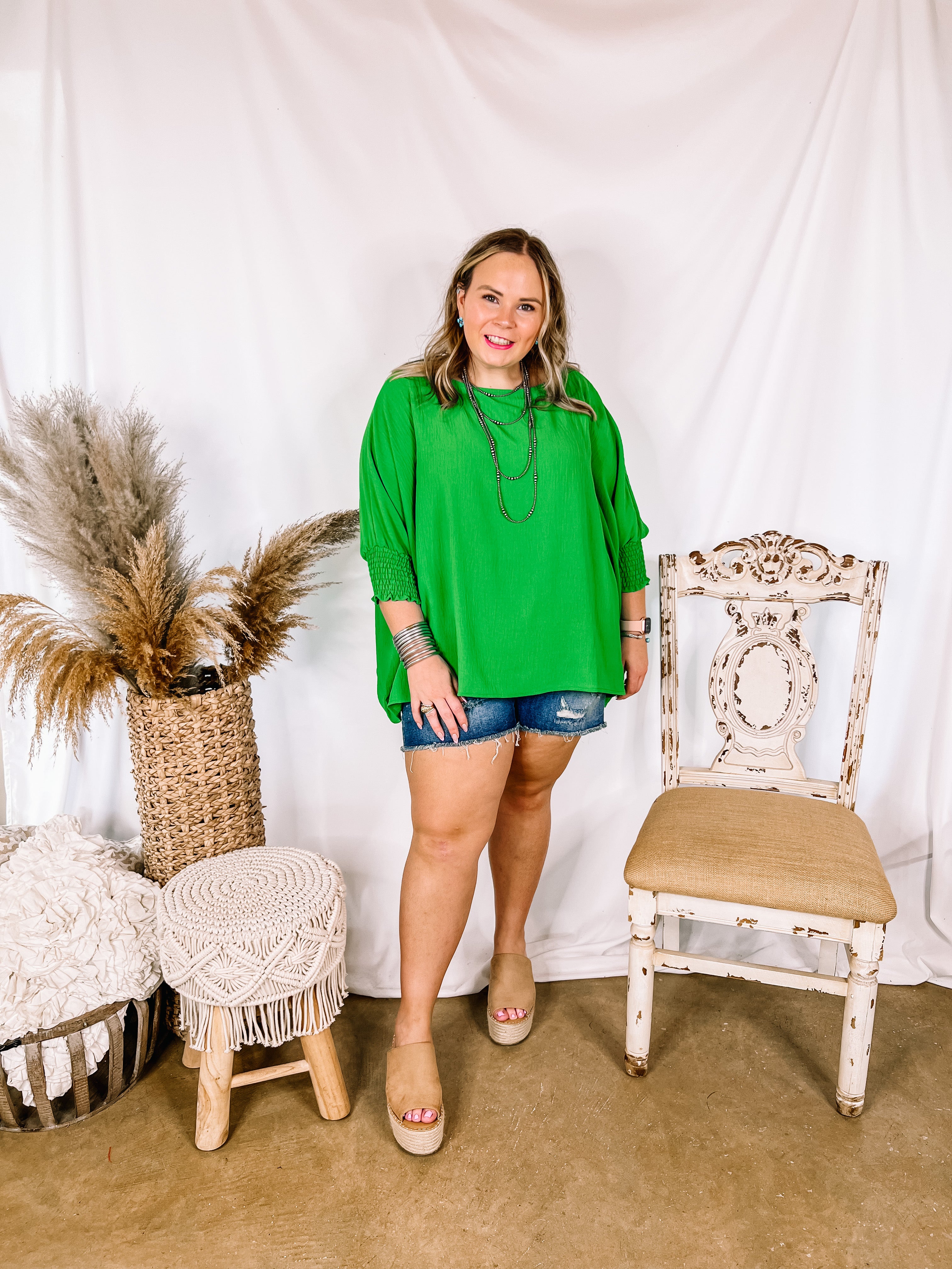 Growing and Glowing Smocked 3/4 Sleeve Oversized Blouse in Green - Giddy Up Glamour Boutique