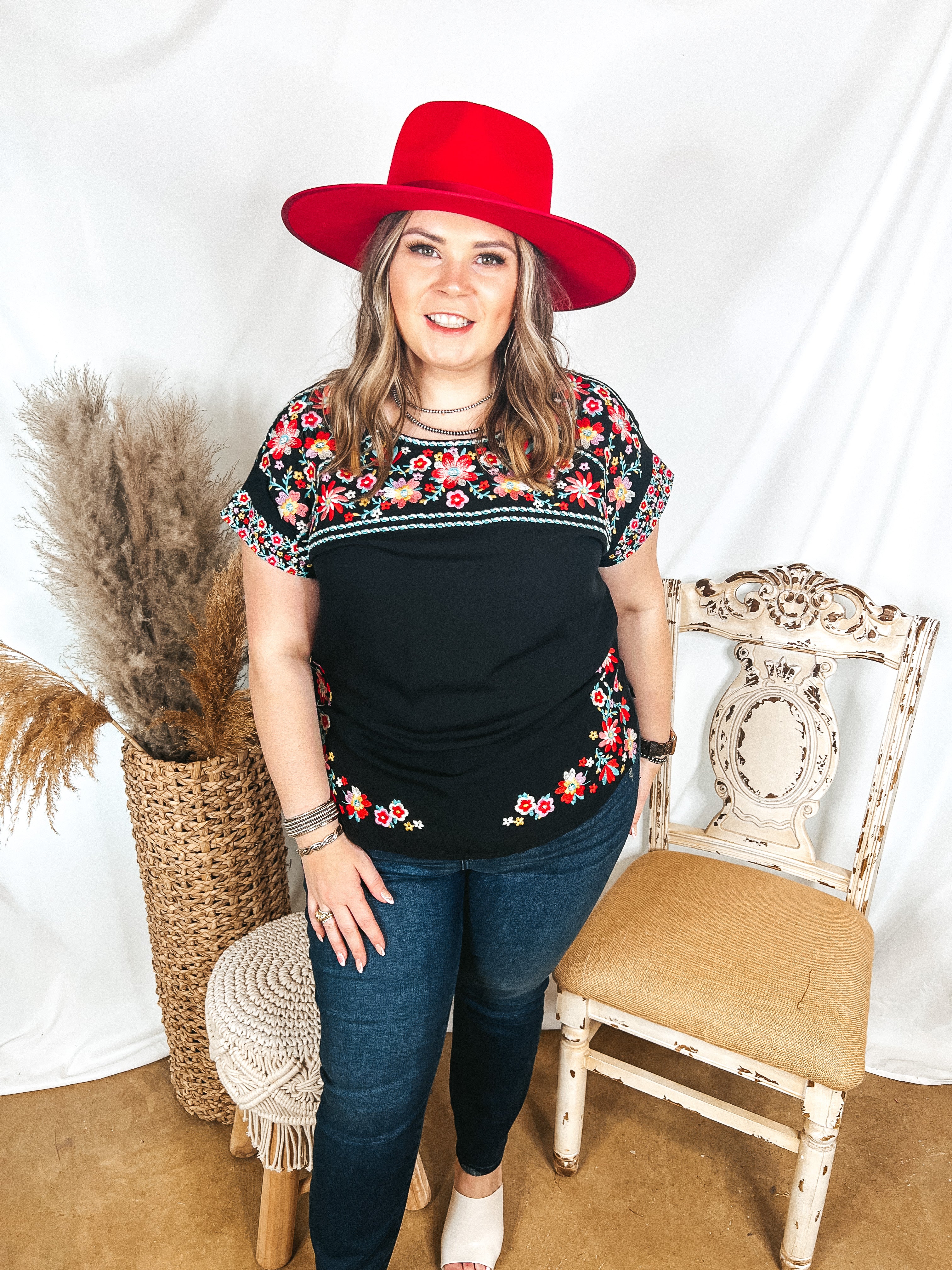 Sunny Sweetheart Floral Embroidered Cap Sleeve Top in Black - Giddy Up Glamour Boutique