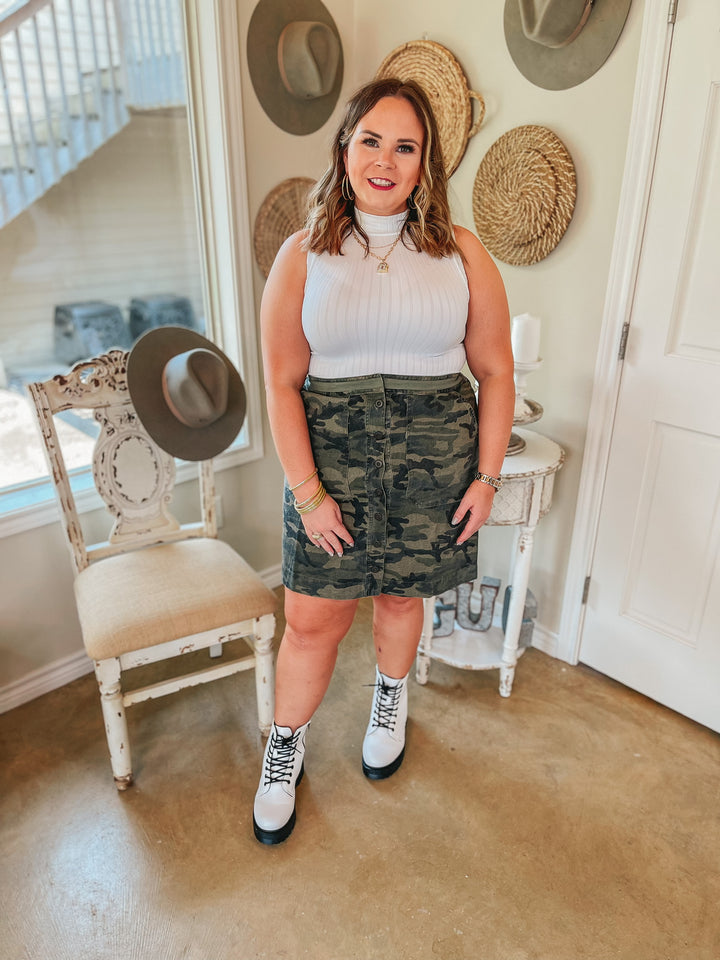 Watch Closely Button Up Skirt in Camouflage - Giddy Up Glamour Boutique