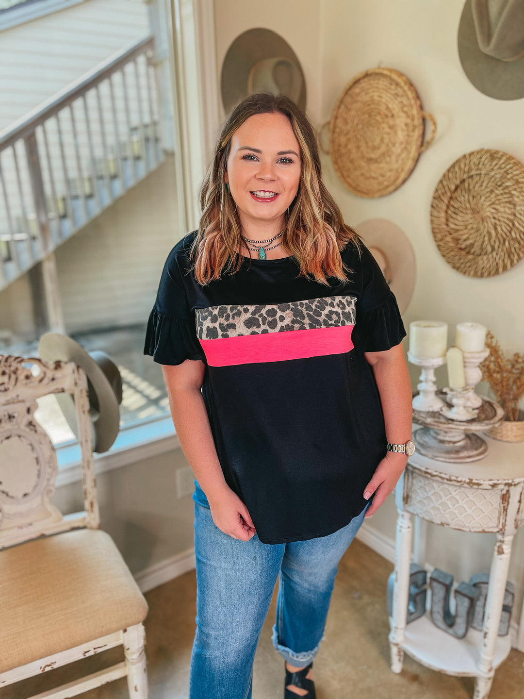 Well Said Leopard and Pink Bust Ruffle Sleeve Top in Black - Giddy Up Glamour Boutique