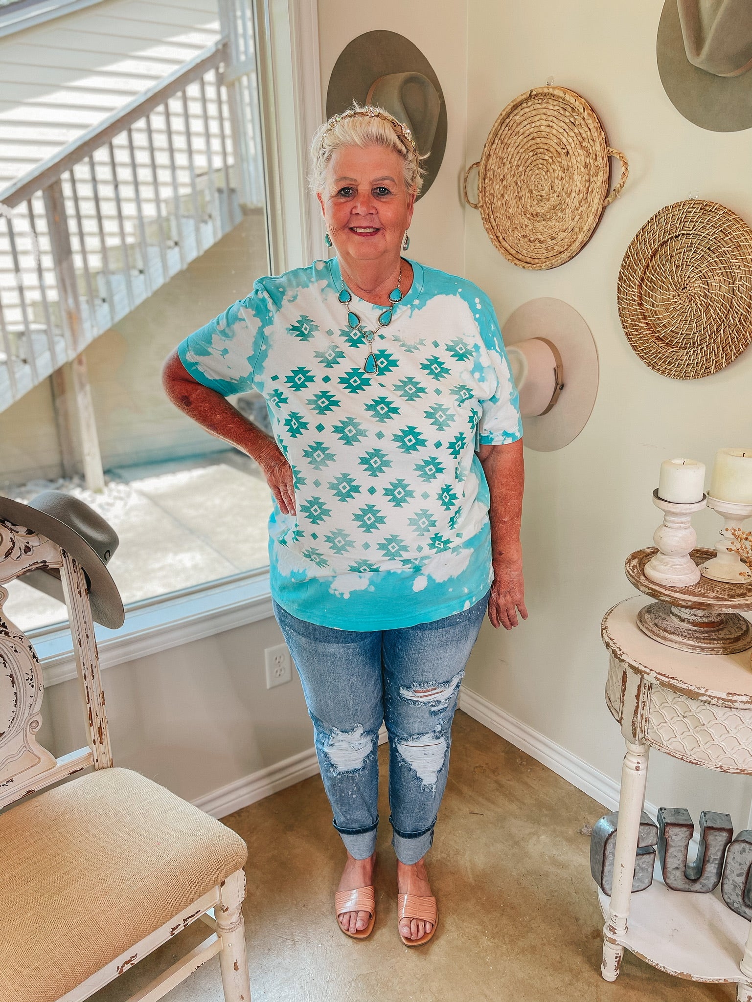 Vintage Aztec Short Sleeve Graphic Tee with Bleach Distressing in Turquoise - Giddy Up Glamour Boutique
