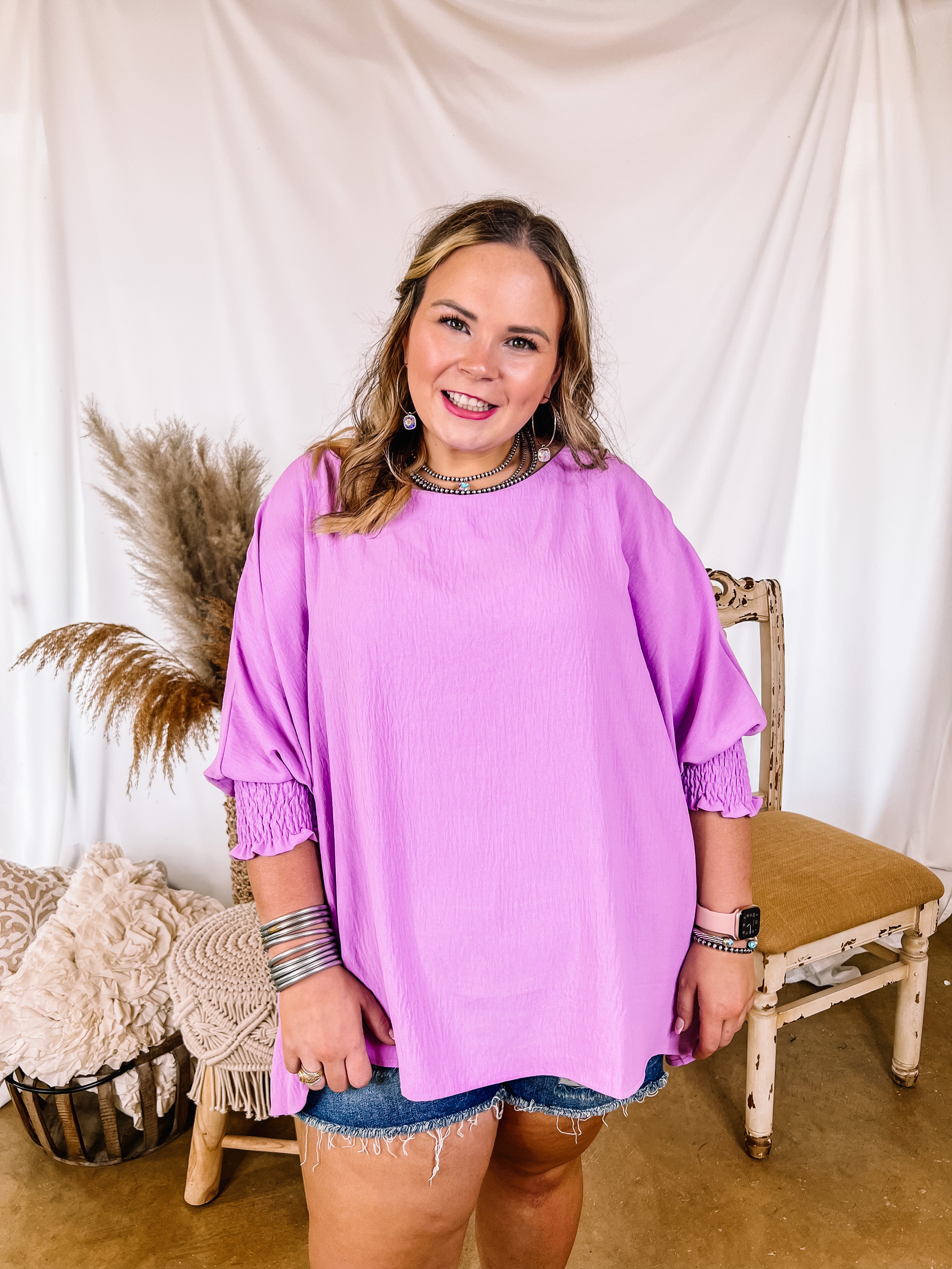 Growing and Glowing Smocked 3/4 Sleeve Oversized Blouse in Lavender - Giddy Up Glamour Boutique