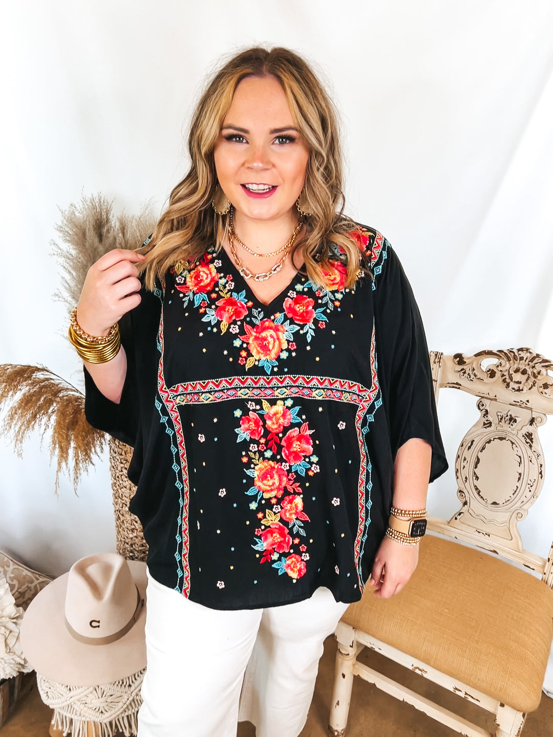 More To The Story Floral Embroidered Poncho Top in Black - Giddy Up Glamour Boutique
