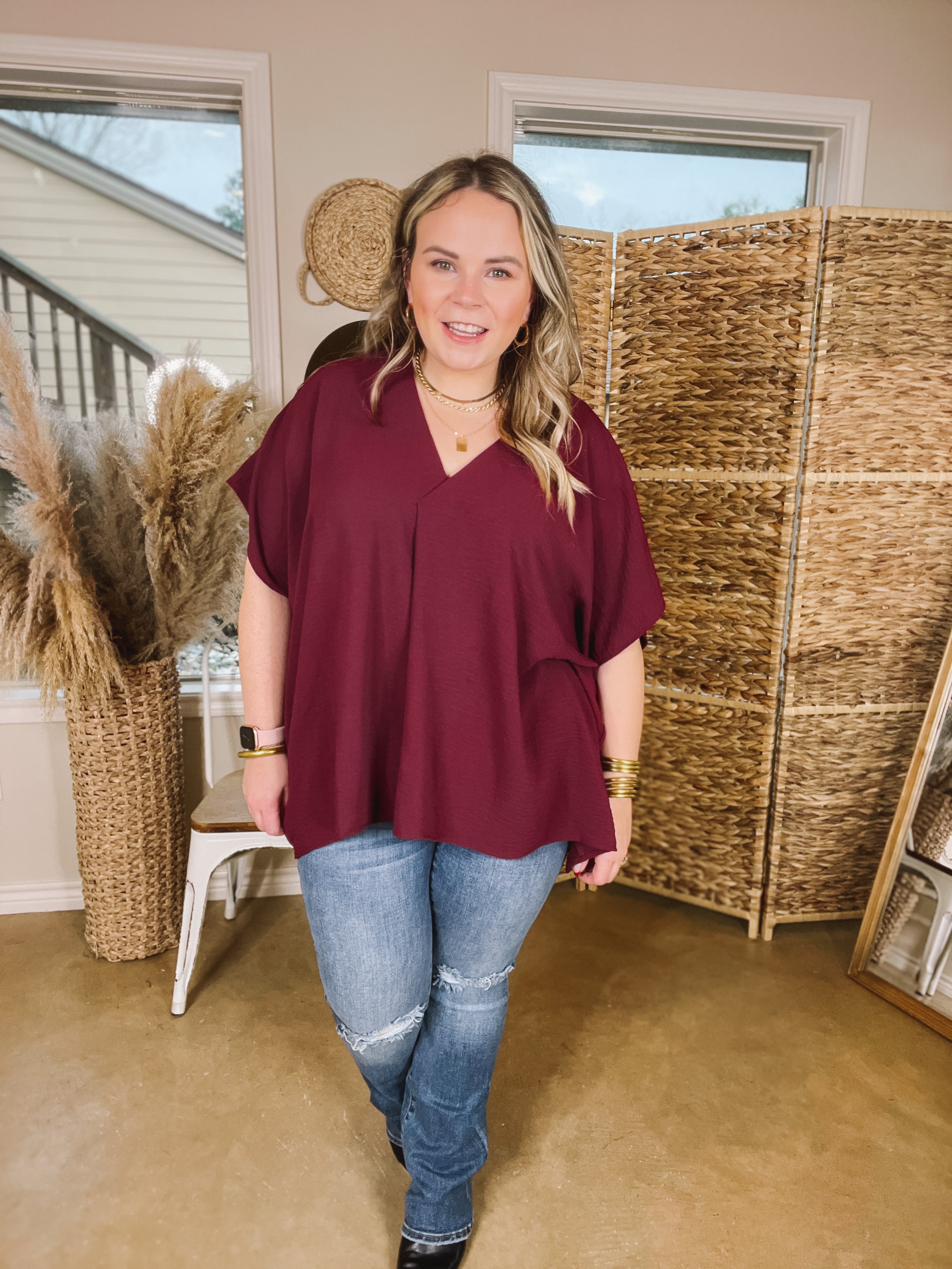 Weekend Out V Neck Placket Short Sleeve Top in Maroon - Giddy Up Glamour Boutique