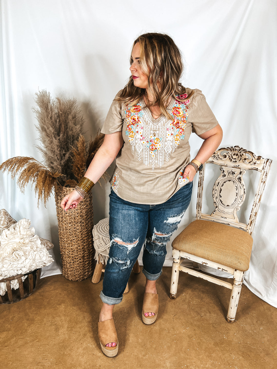 Telling The Truth V Neck Embroidered Top in Biege - Giddy Up Glamour Boutique
