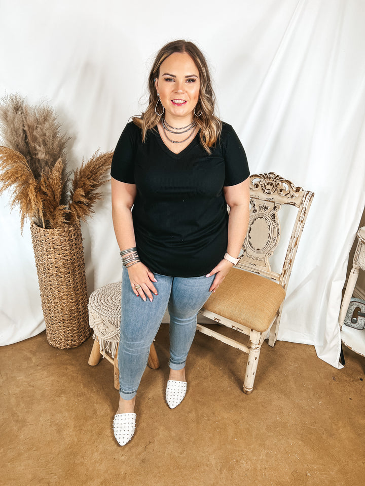 Simply Obsessed Ribbed Short Sleeve V Neck Top in Black - Giddy Up Glamour Boutique