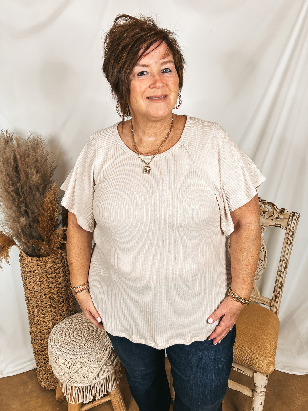 Clever and Kind Ribbed Short Sleeve Top in Cream - Giddy Up Glamour Boutique
