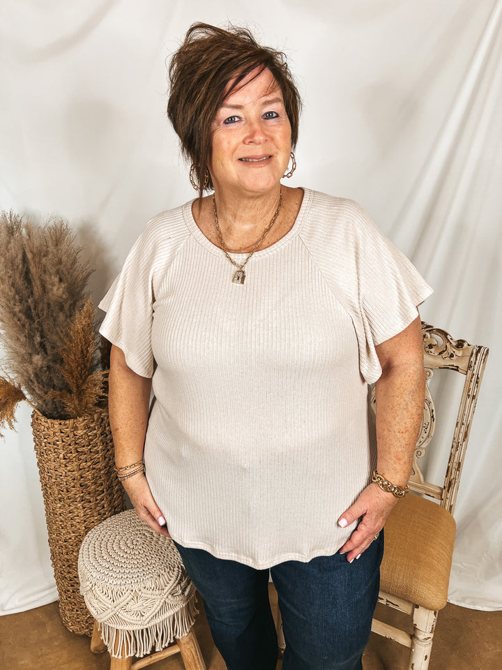 Clever and Kind Ribbed Short Sleeve Top in Cream - Giddy Up Glamour Boutique