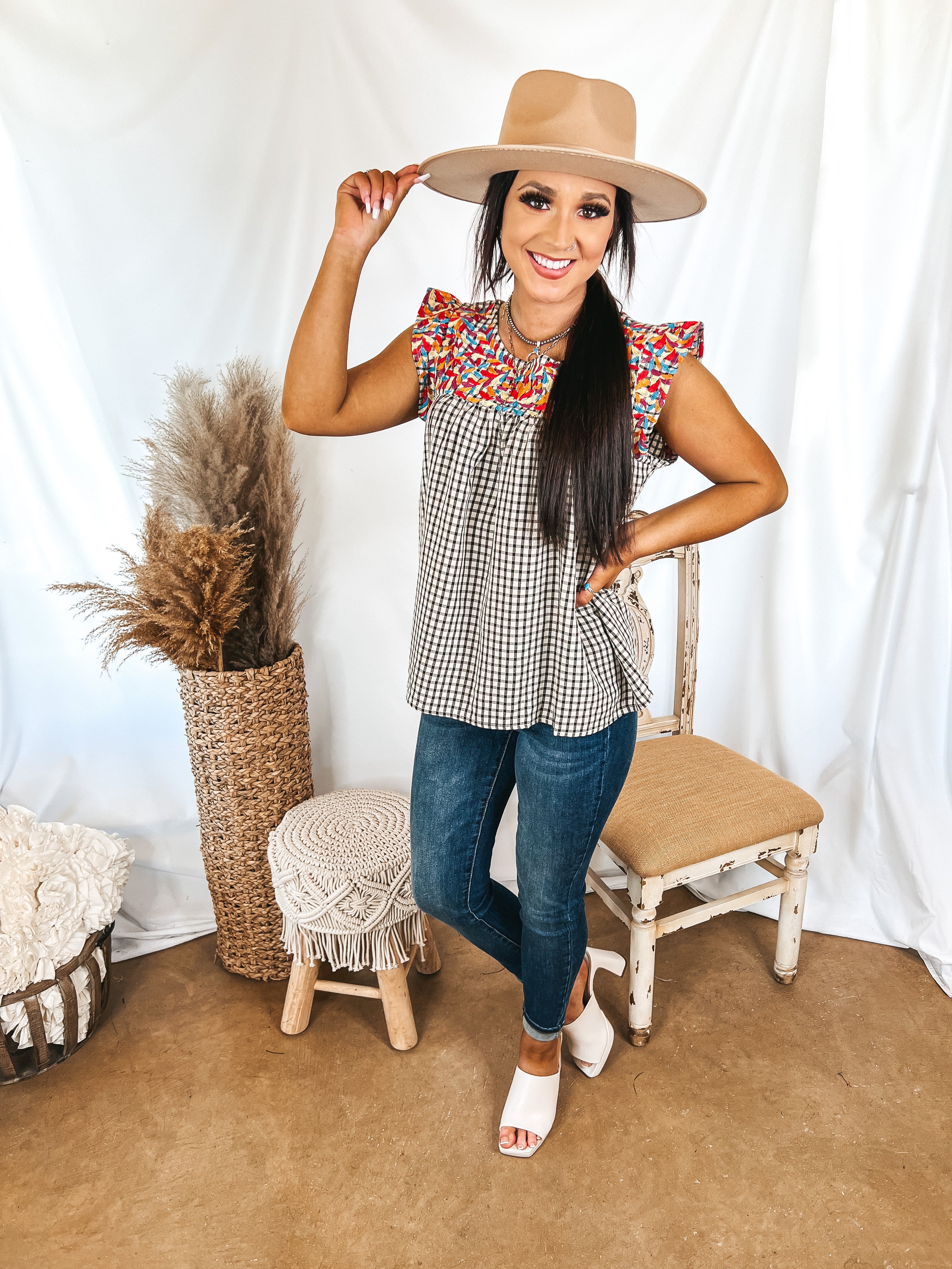 Afternoon Stroll Embroidered Plaid Top with Ruffle Cap Sleeves - Giddy Up Glamour Boutique