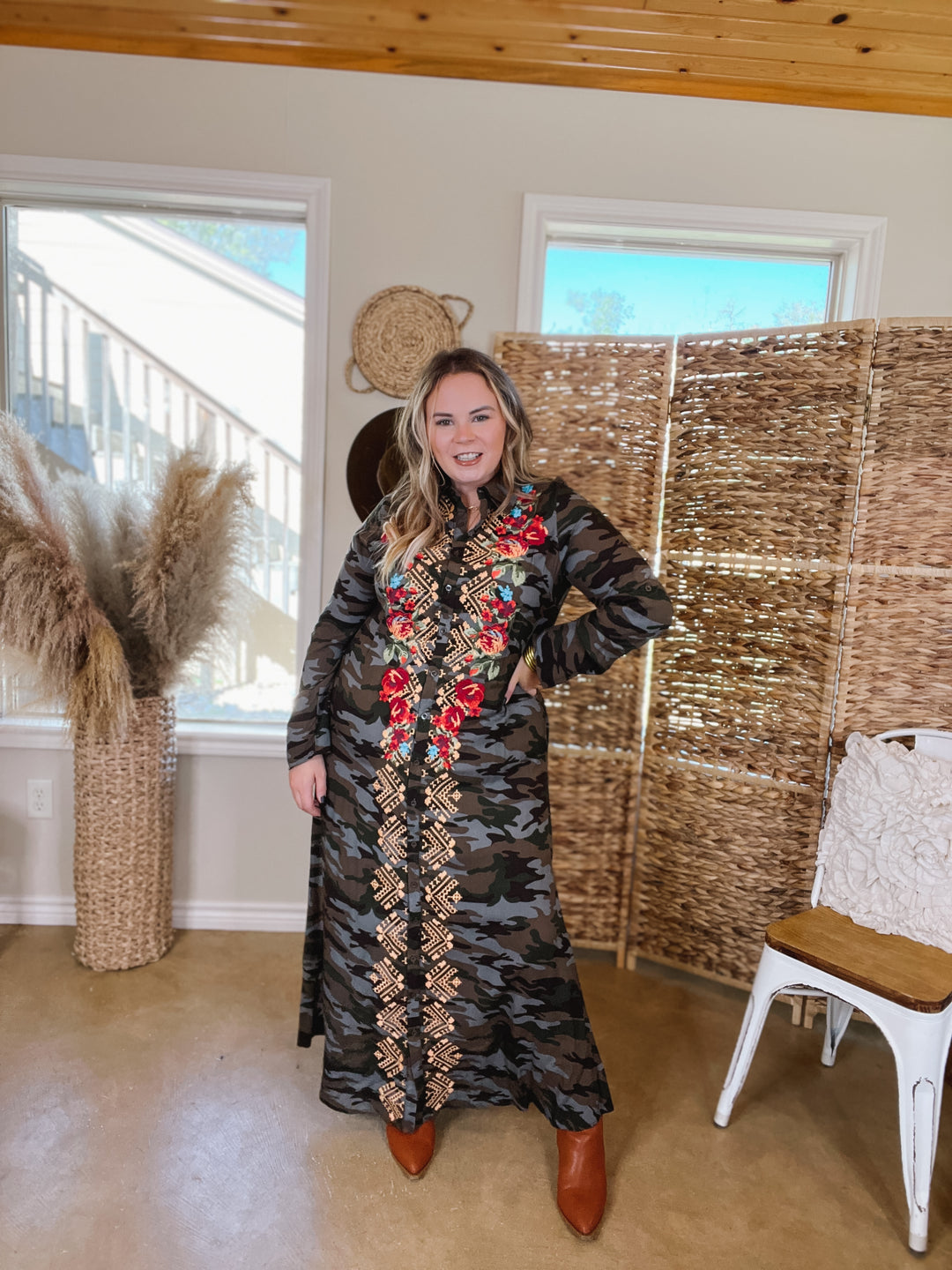 I'm All That Long Camouflage Button Up Dress with Floral Print Embroidery - Giddy Up Glamour Boutique