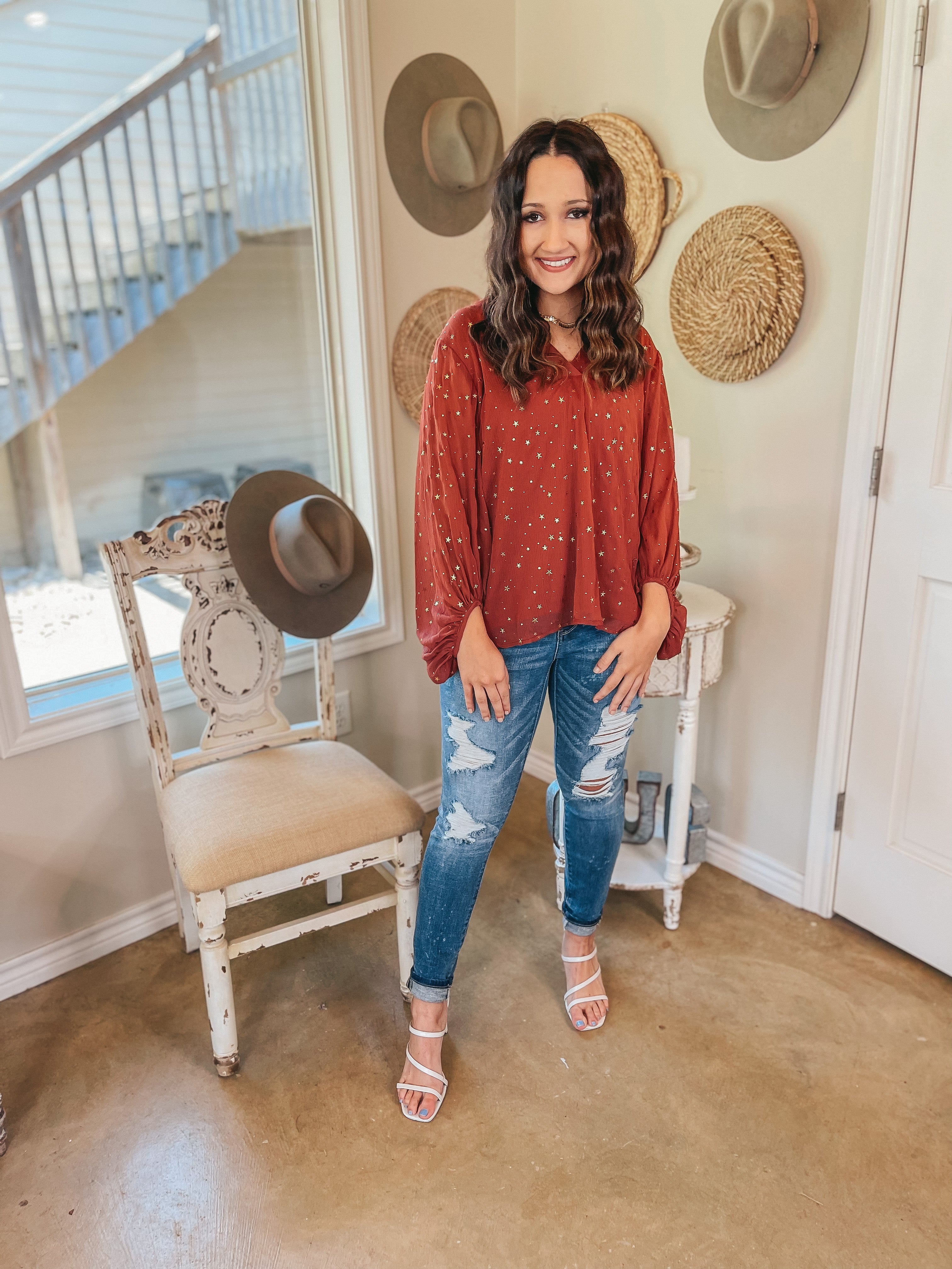 Stars in Her Eyes Gold Star V Neck Blouse in Rust - Giddy Up Glamour Boutique