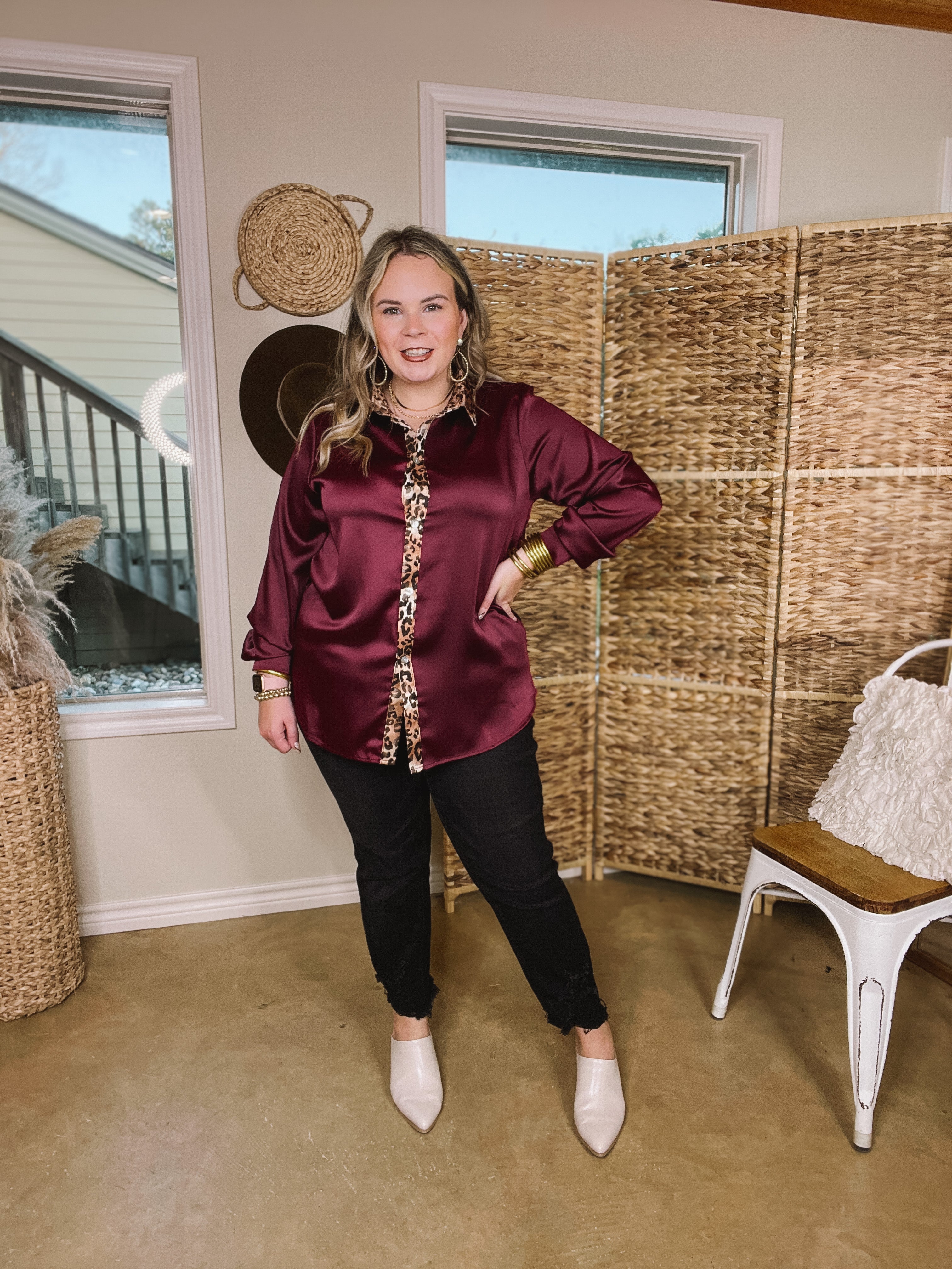 Sugar On Top Long Sleeve Button Up Satin Top with Leopard Print Trim in Maroon - Giddy Up Glamour Boutique