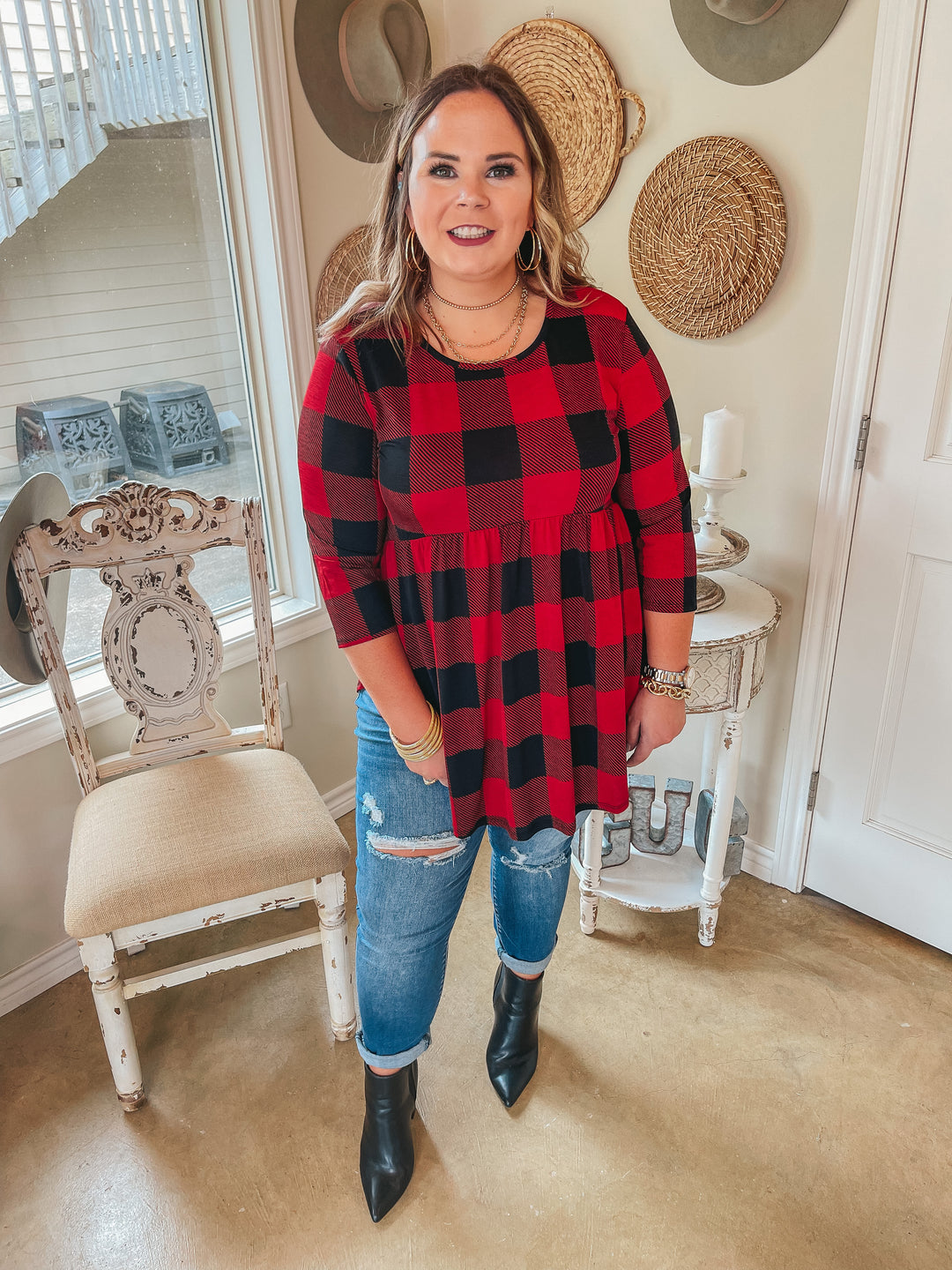 As You Wish Buffalo Plaid Baby Doll Top in Red - Giddy Up Glamour Boutique