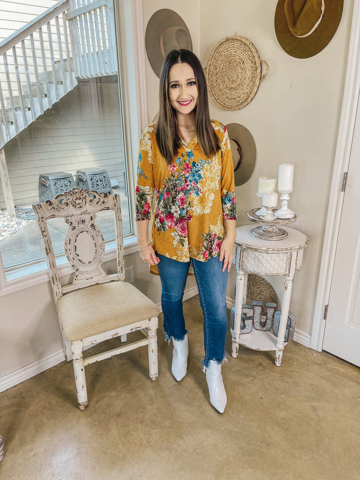 Last Chance Size Small | Scenic Route Floral Collared Tunic Top in Mustard - Giddy Up Glamour Boutique
