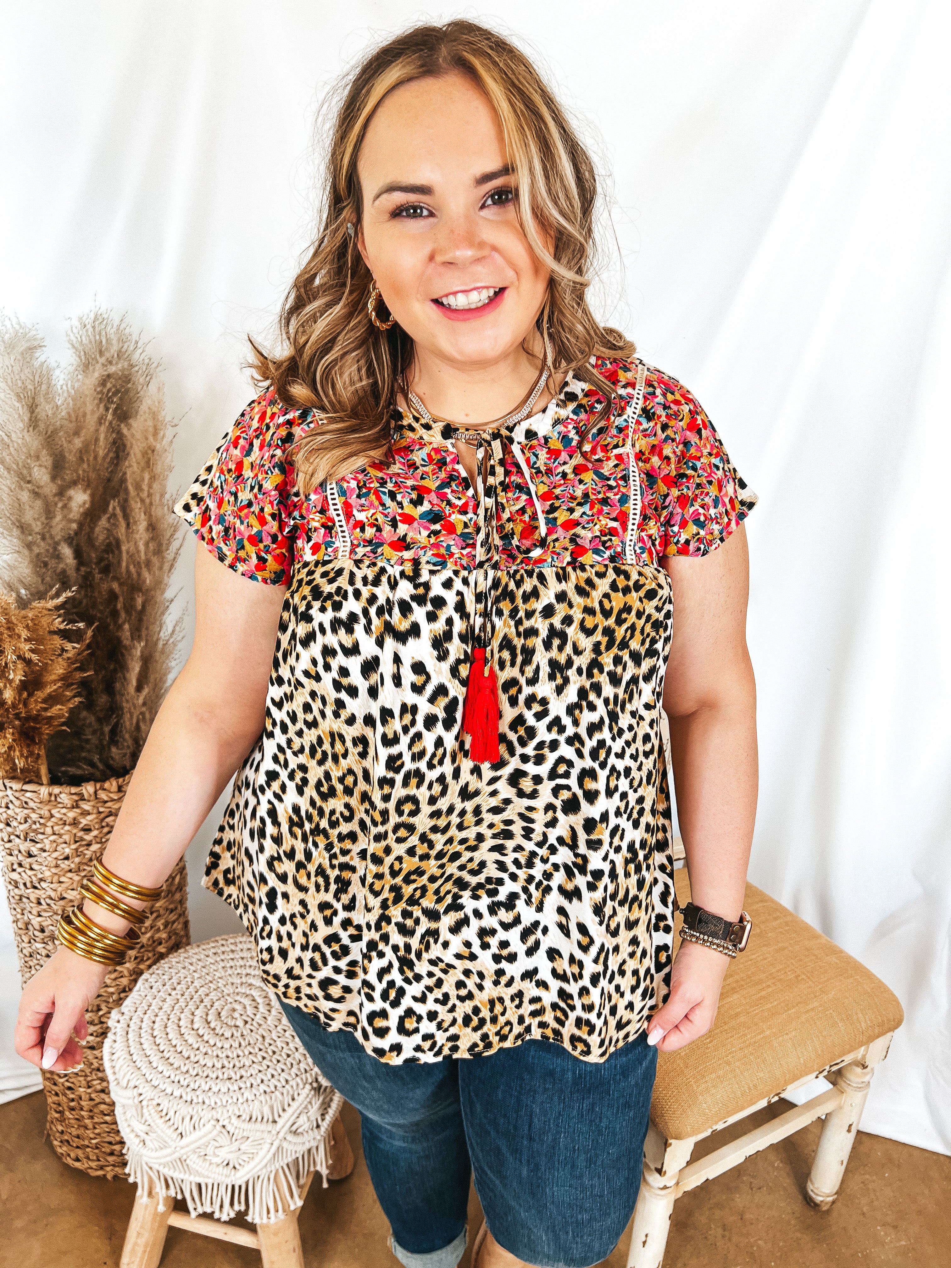 Fredericksburg In the Spring Embroidered Short Sleeve Top with Front Keyhole in Leopard Print - Giddy Up Glamour Boutique