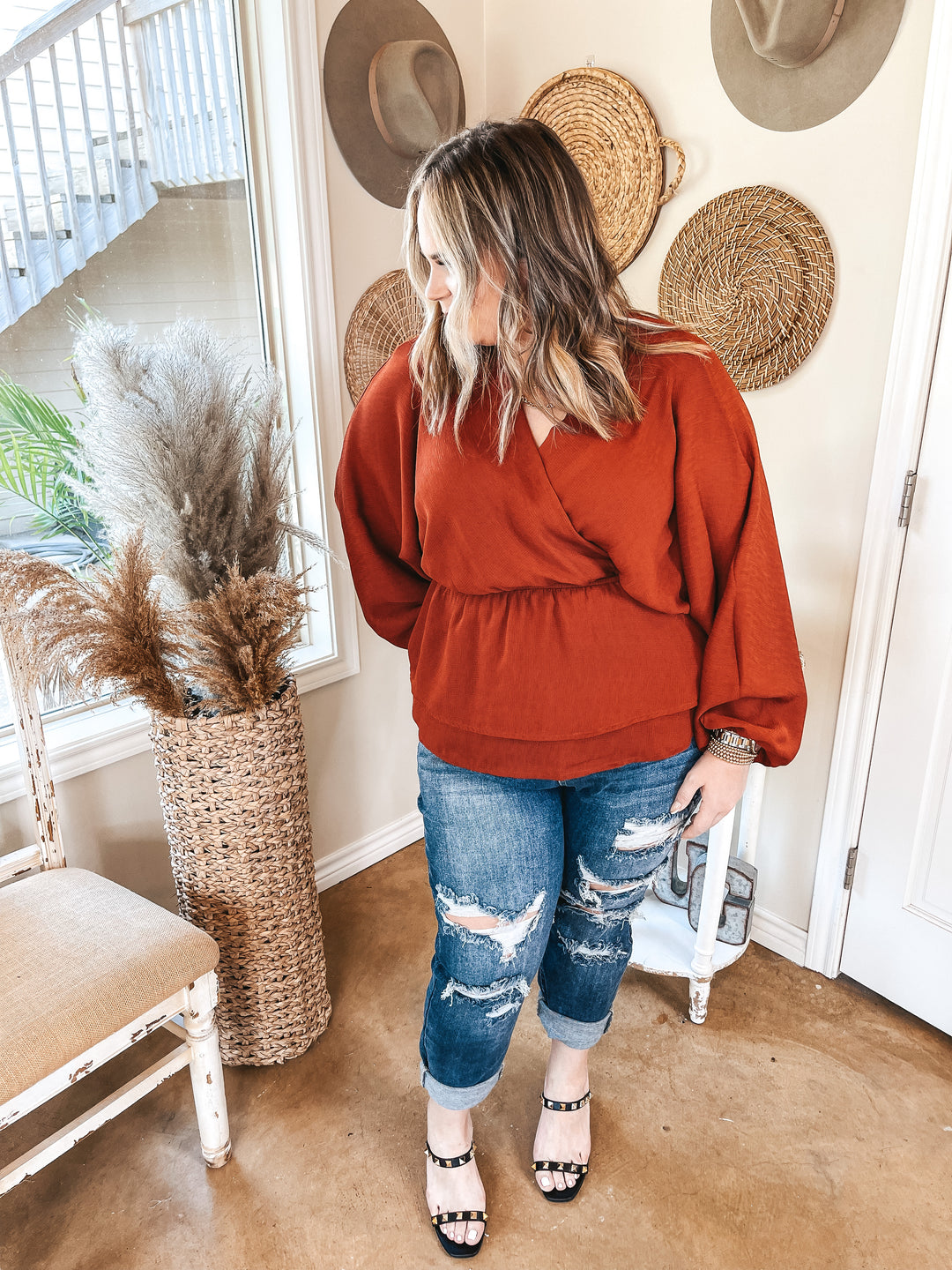 Move to the Music Long Sleeve Deep V Peplum Top in Rust Red - Giddy Up Glamour Boutique