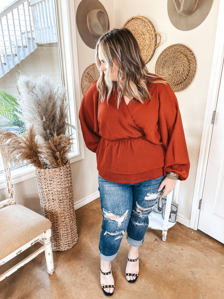Move to the Music Long Sleeve Deep V Peplum Top in Rust Red - Giddy Up Glamour Boutique