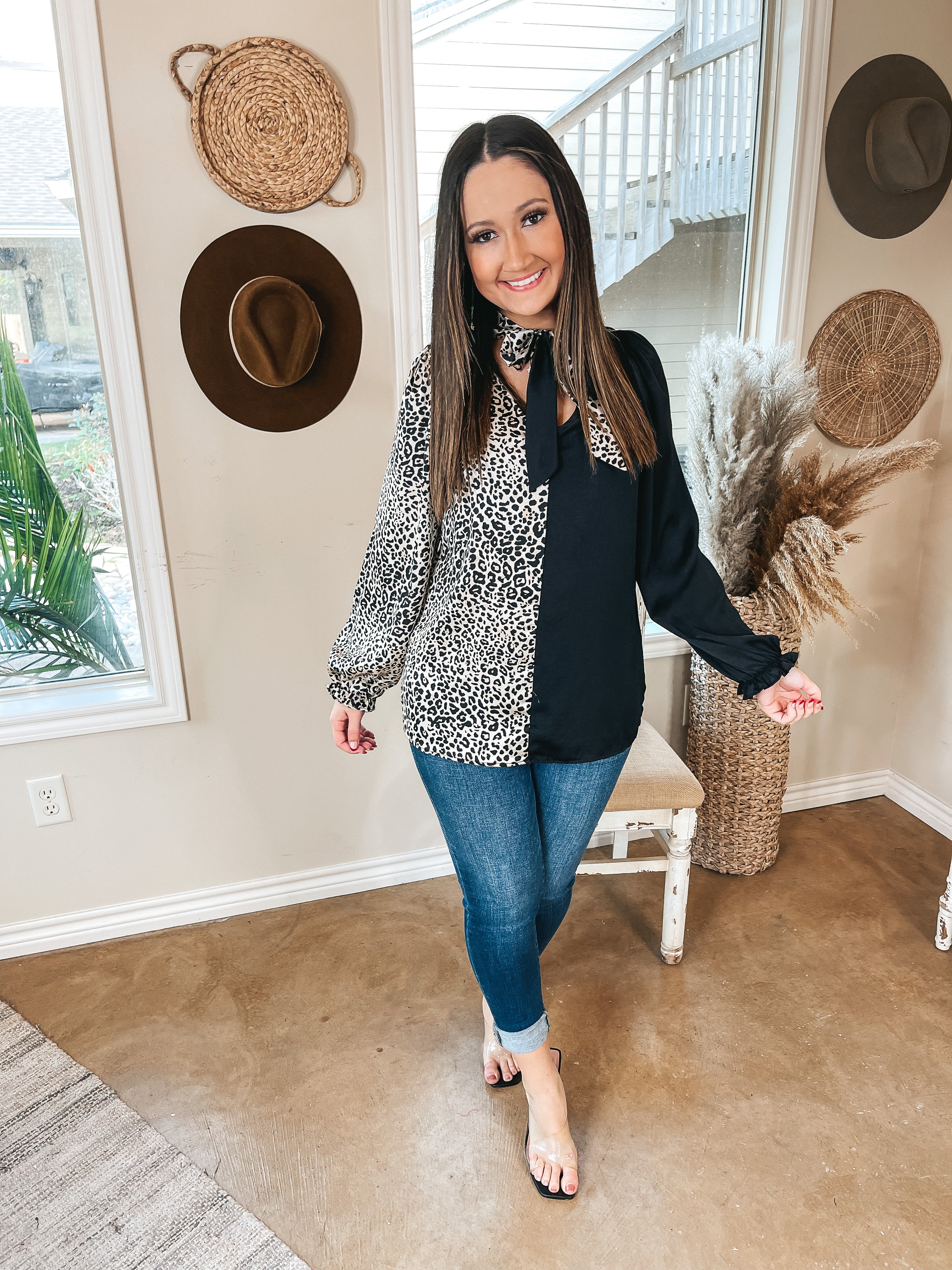 Black Leopard Color Block Tie Neck Blouse detail view