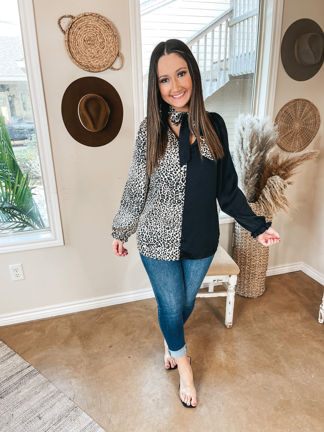 Caught In A Moment Half Leopard Print Half Solid Keyhole Neckline Blouse in Black - Giddy Up Glamour Boutique