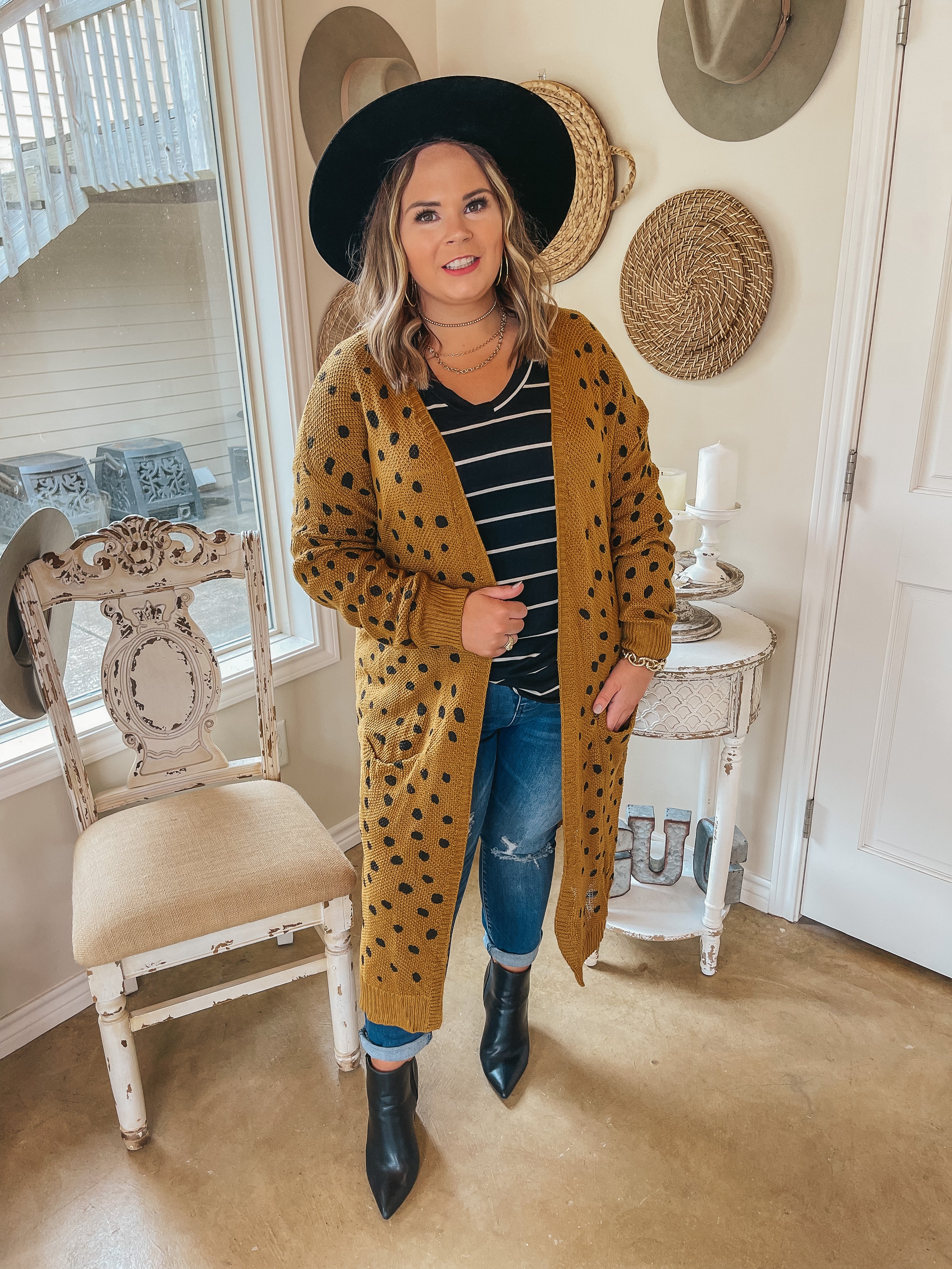 Boho Lifestyle Long Sleeve Polka Dot Duster Cardigan in Mustard Yellow - Giddy Up Glamour Boutique