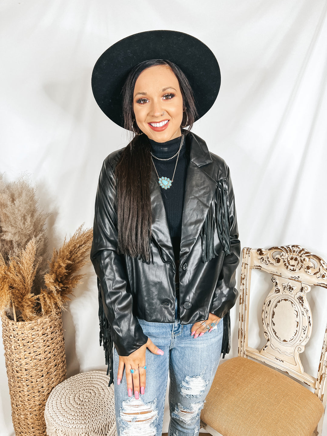 Off the Record Faux Leather Fringe Jacket in Black - Giddy Up Glamour Boutique