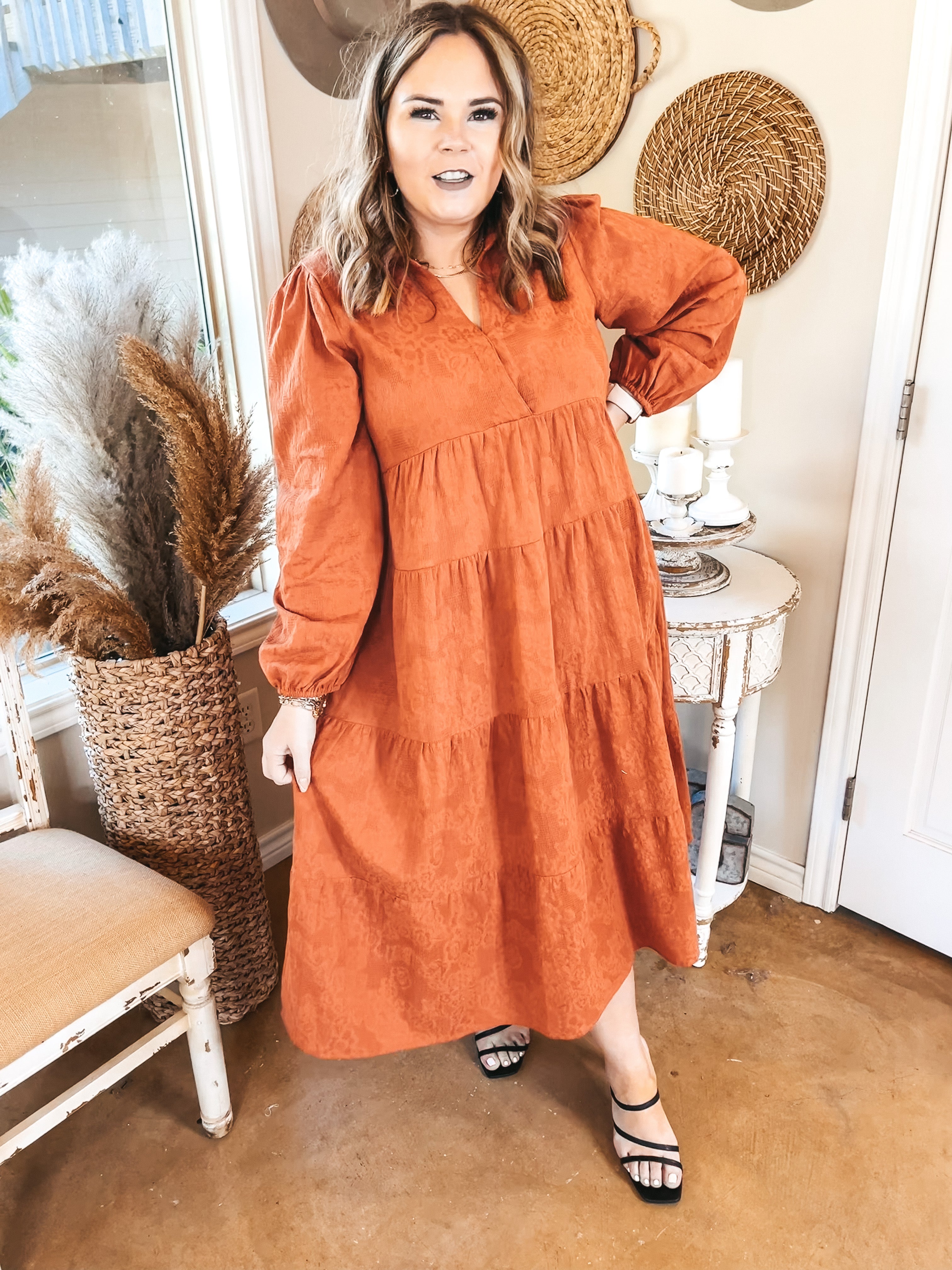 Sweet Glances Long Sleeve Tiered Midi Dress in Rust Orange - Giddy Up Glamour Boutique