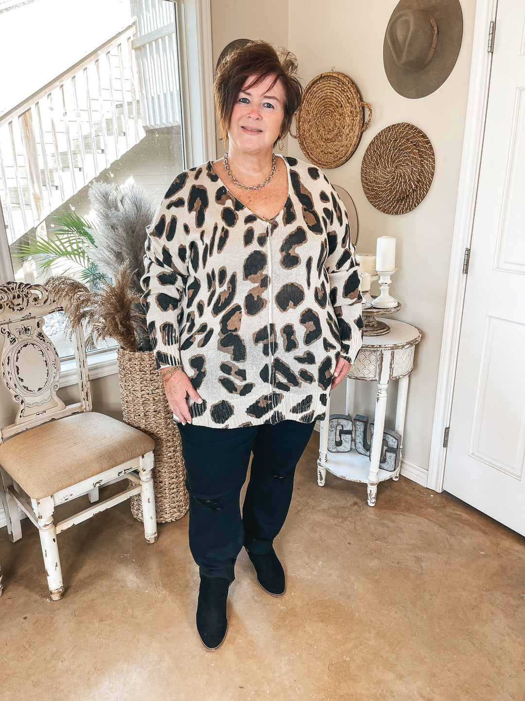 Keep Them Guessing Long Sleeve Leopard Print Sweater in Beige - Giddy Up Glamour Boutique