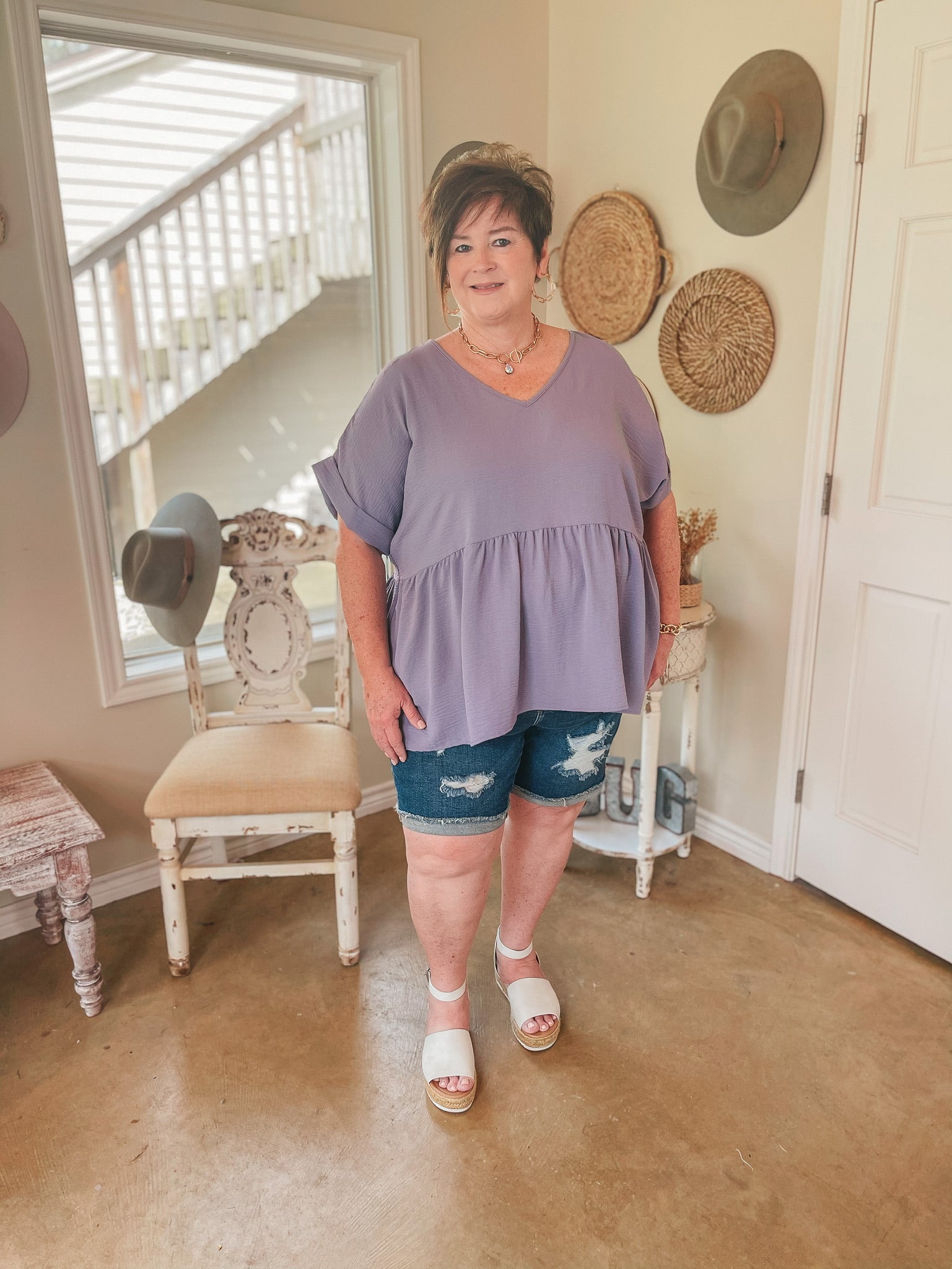 Touring the City Short Sleeve V Neck Babydoll Top in Dusty Lilac - Giddy Up Glamour Boutique