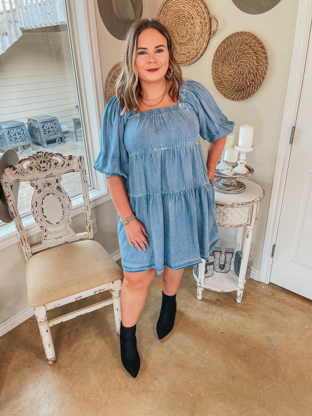 Wine Mixer Square Neck Chambray Tiered Dress in Light Wash - Giddy Up Glamour Boutique